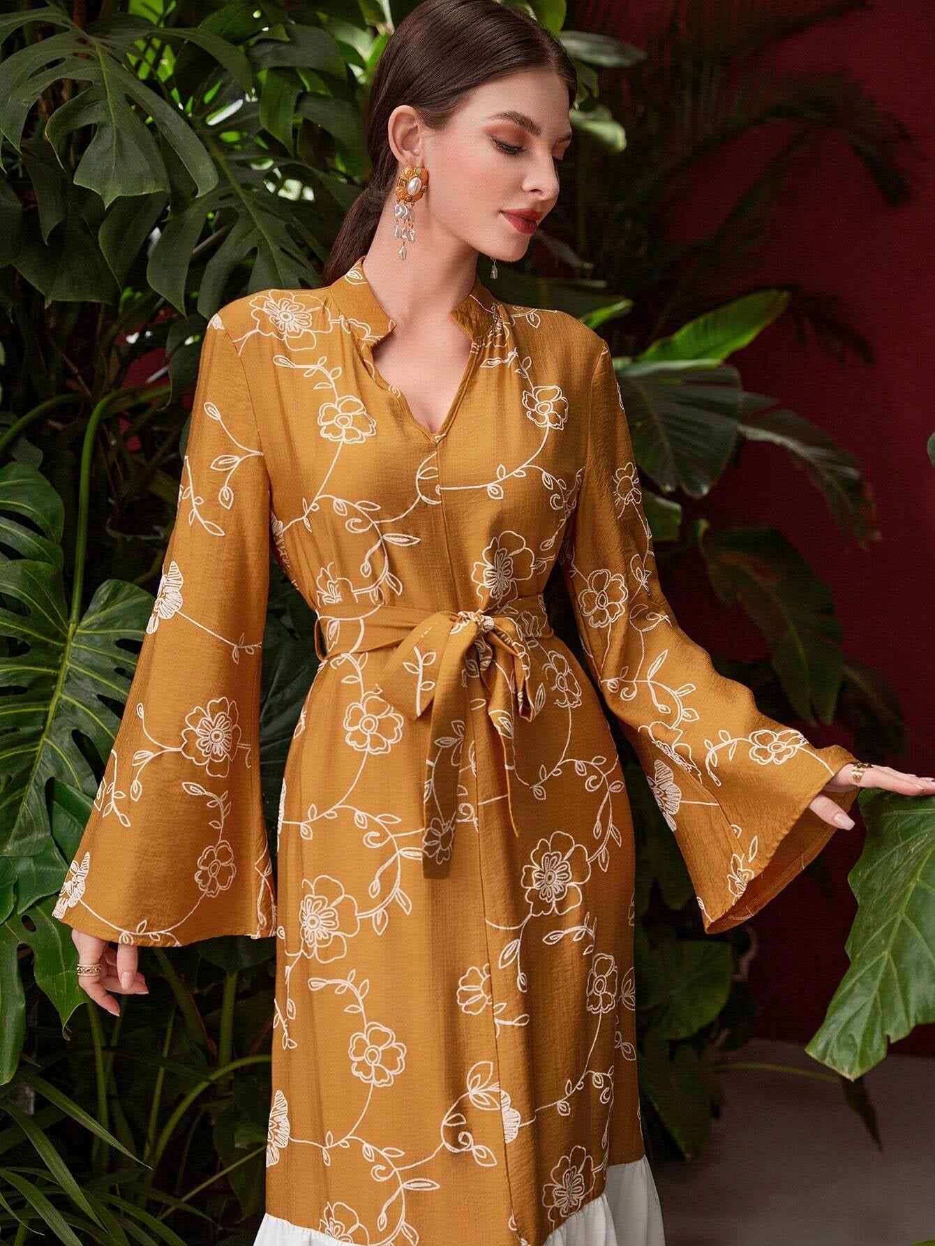 Mulvari Women'S Floral & Stripe Print Bell Sleeves Dress