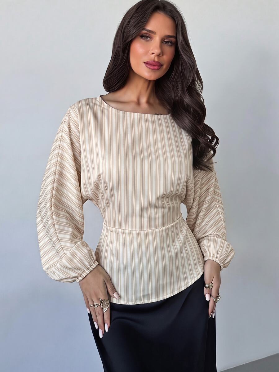 SHEIN Firerie بلوزة نسائية مخططة بياقة دائرية وأكمام جناح الخفاش