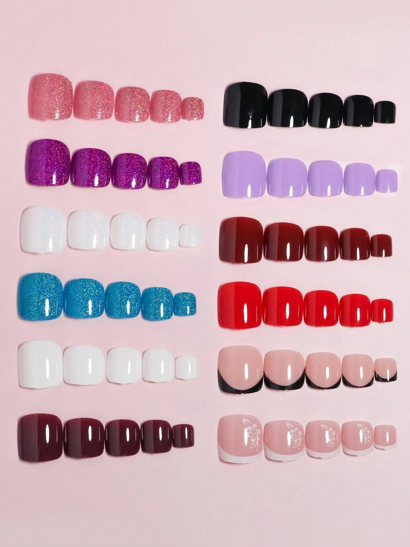 96Pcs(Pink/Cherry Red/Light Purple/Dark Purple) Short Square Press on Toenails Designed Press on Toenails Full Cover, 4 Glossy False Toenails for Feet, French Design Fake Toenails for Summer Nail Art Set for Women and Girls with Re-Usable Storage Box
