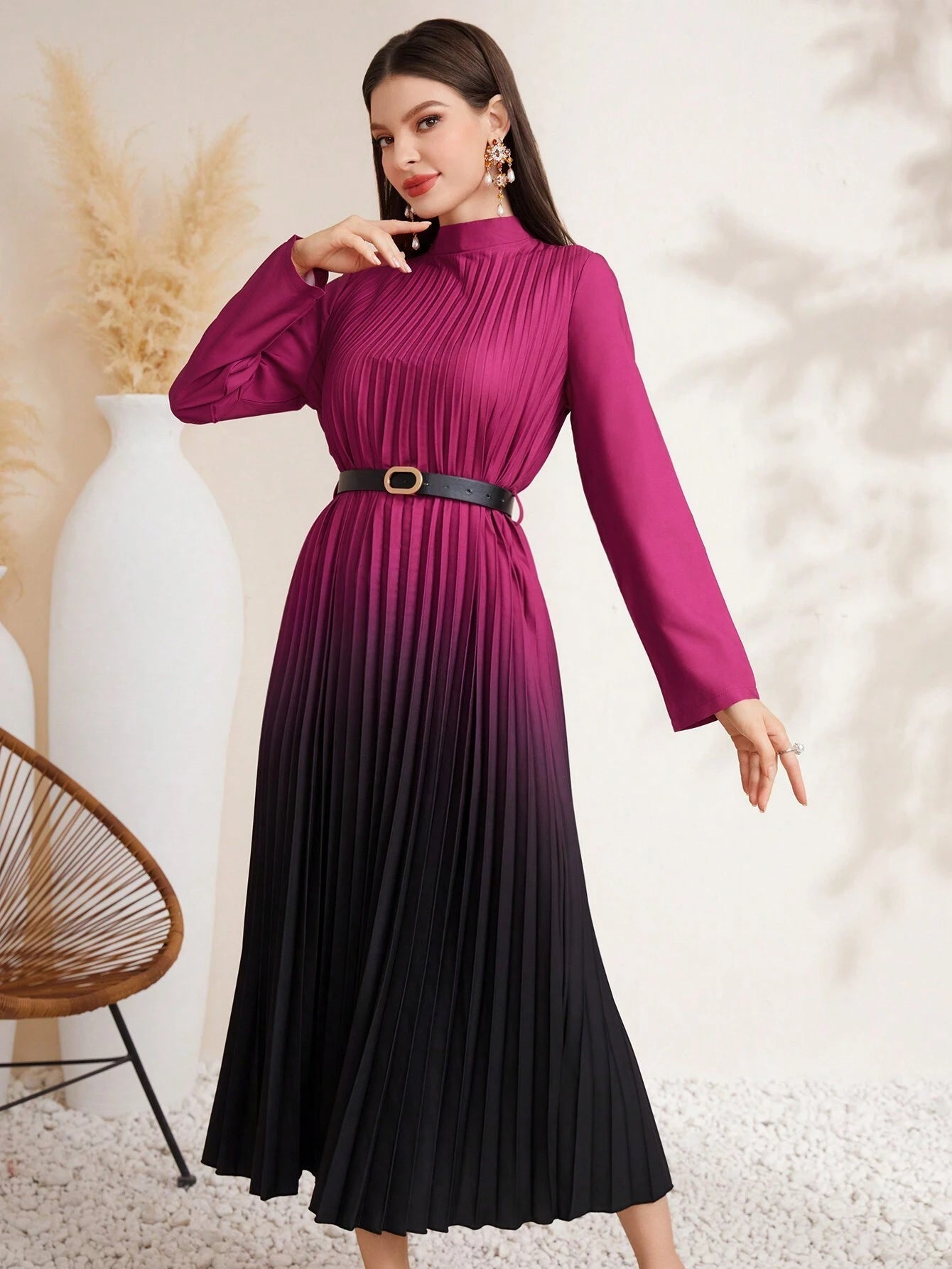 Modely Women'S Gradient Color Stand Collar Pleated Long Sleeve Dress