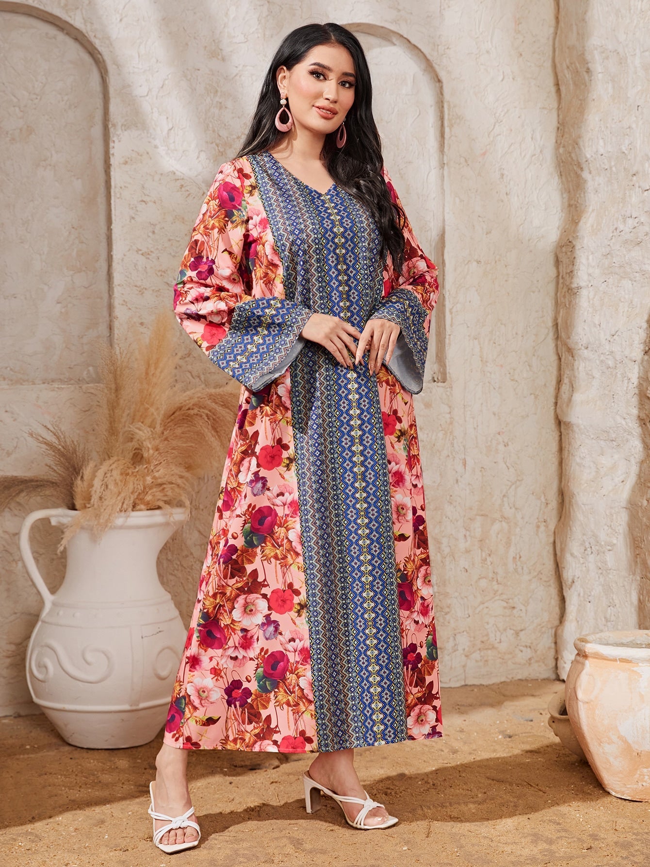 Najma Floral Print V Neck Flounce Sleeve Dress