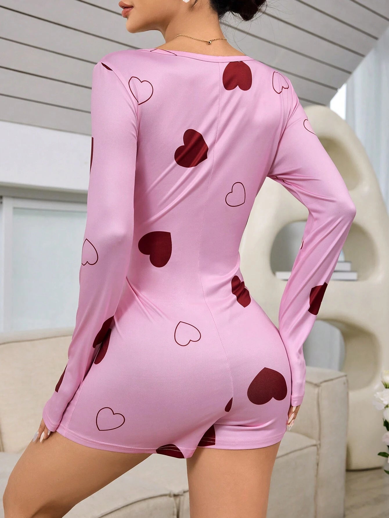 Women'S V-Neck Heart Printed Single-Breasted Casual Long Sleeve Jumpsuit Pajamas