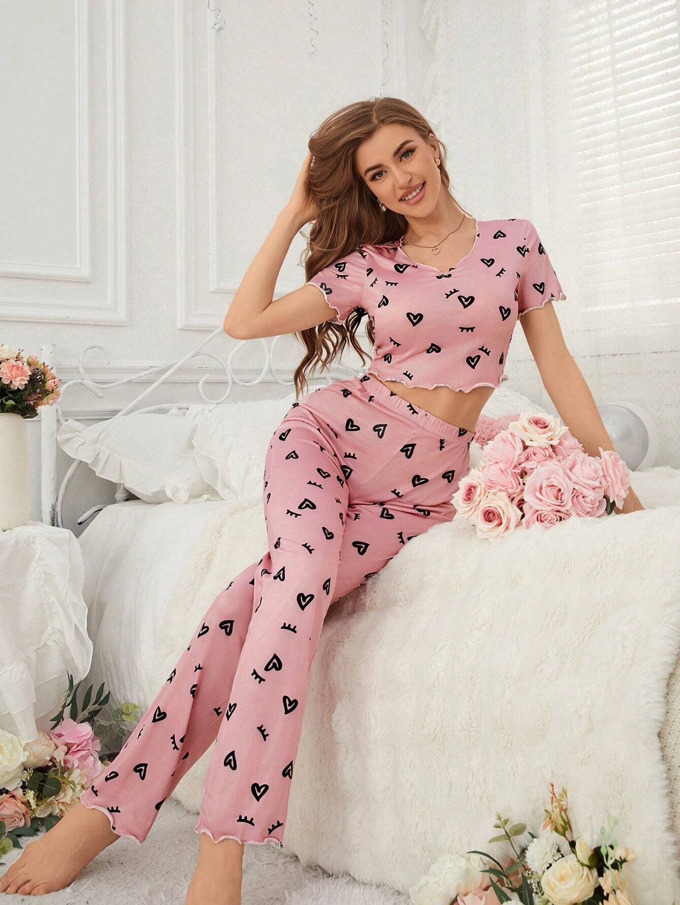 Women'S Pajama Set, Eyelash and Heart Pattern