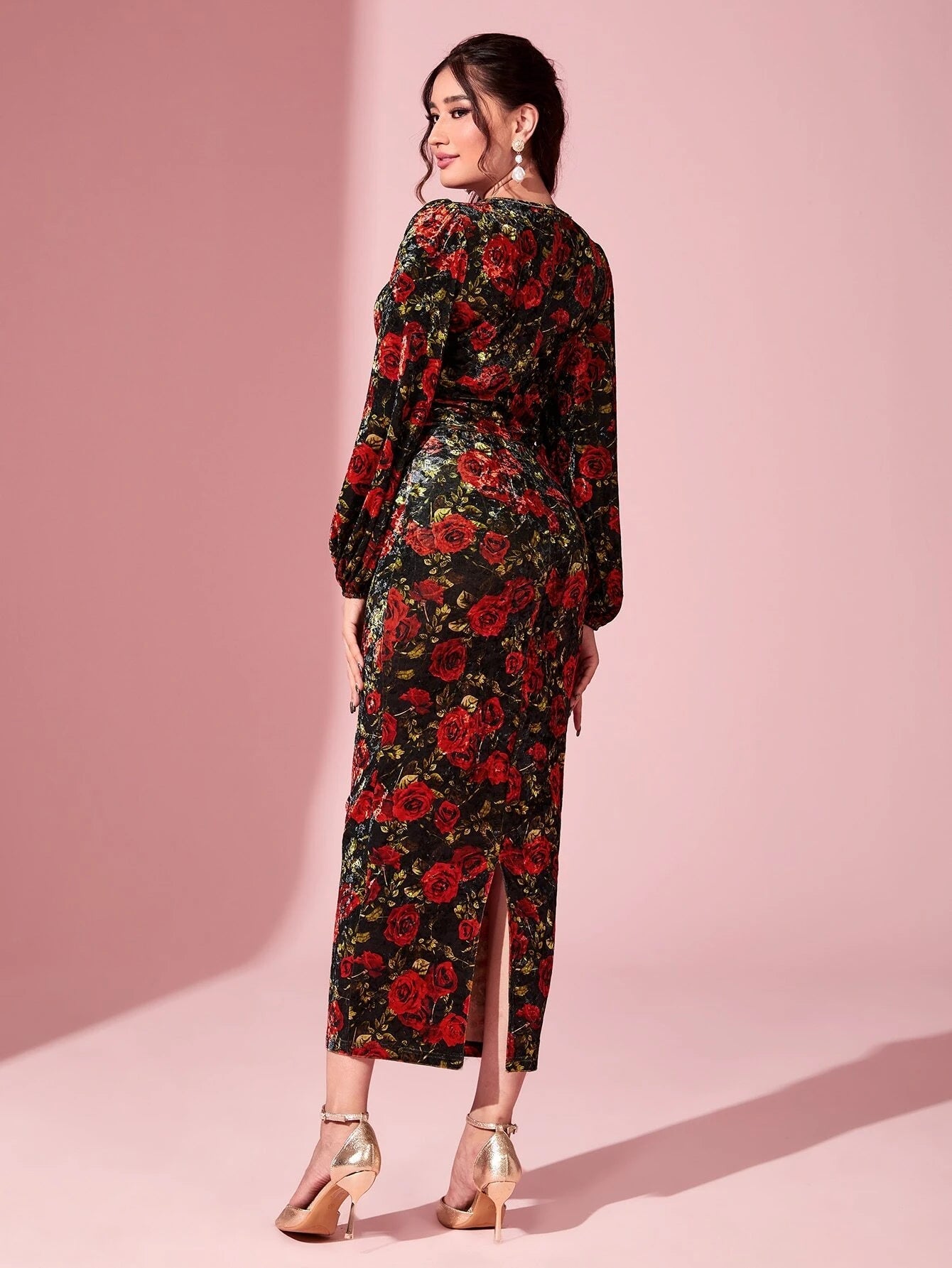 Modely Floral Print Lantern Sleeve Split Back Velvet Dress