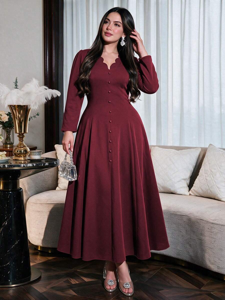 SHEIN Modelyn فستان عنابي بأزرار أمامية