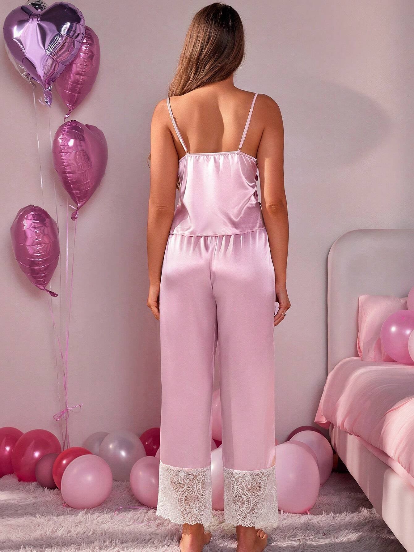 Ladies' Splicing Lace Camisole and Long Pant Pajama Set