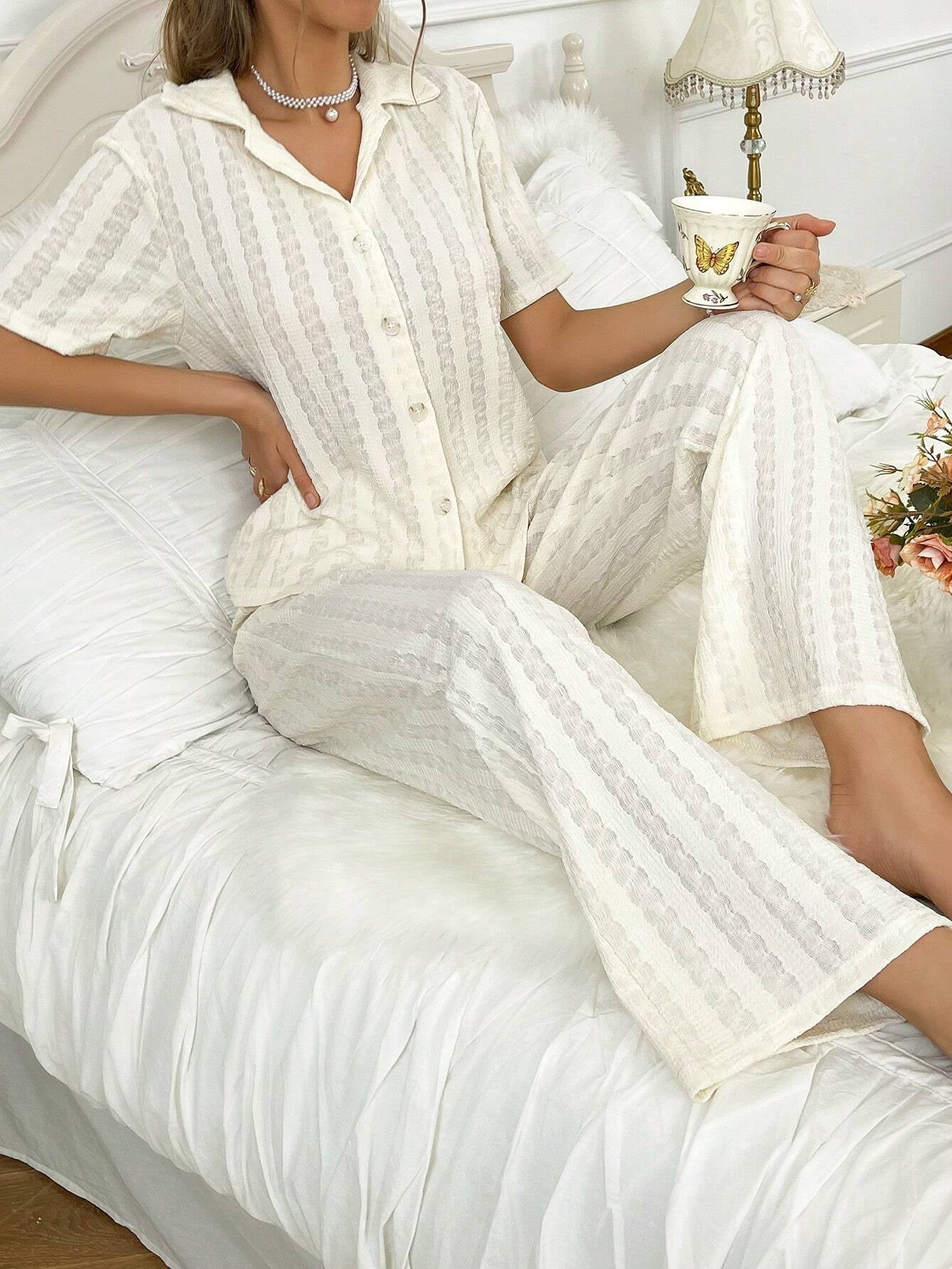 Solid Color Jacquard V-Neck Collar Lady Pajama Set