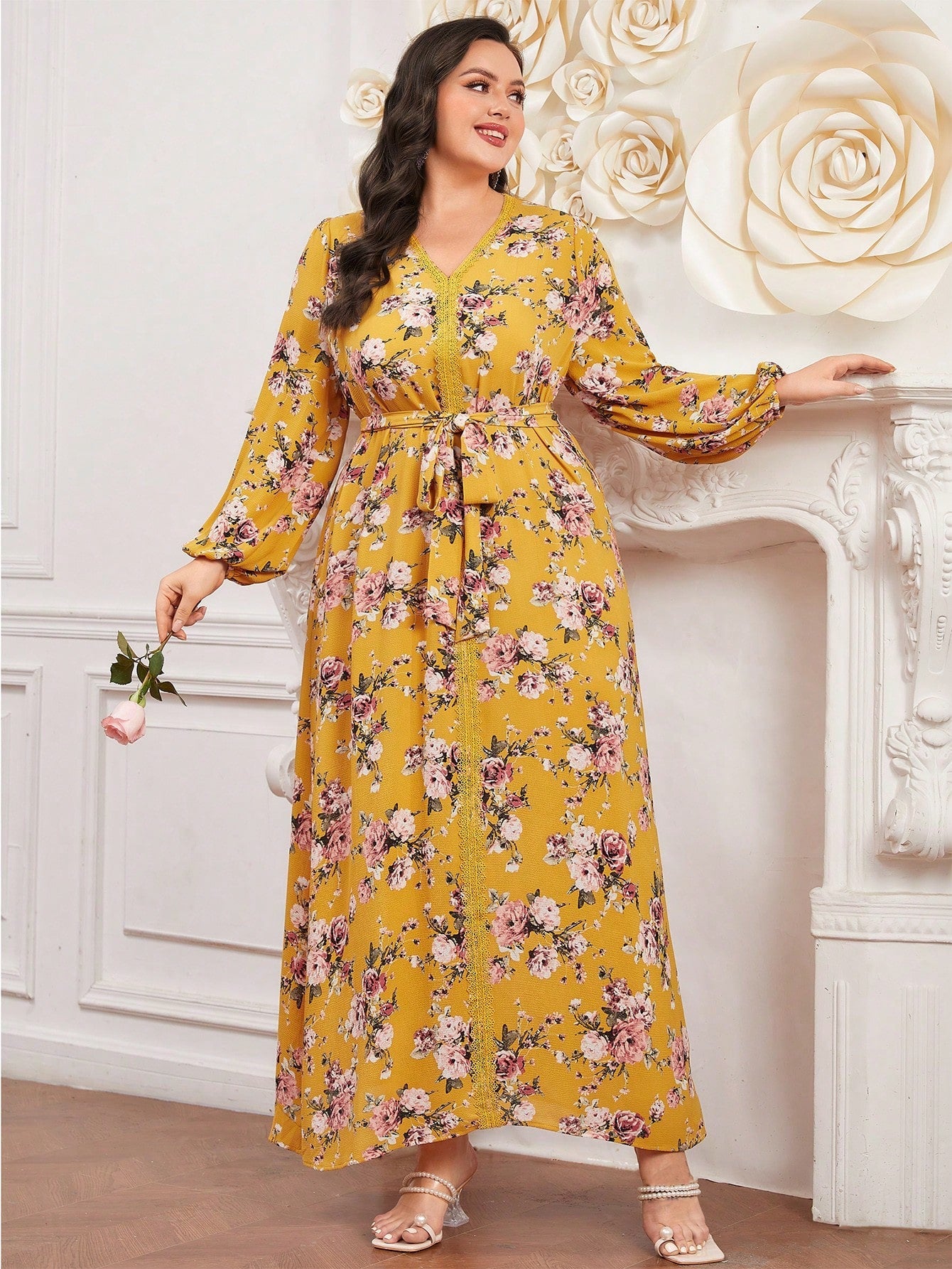 Mulvari plus Size Floral Print Lace Trim Lantern Sleeve Dress