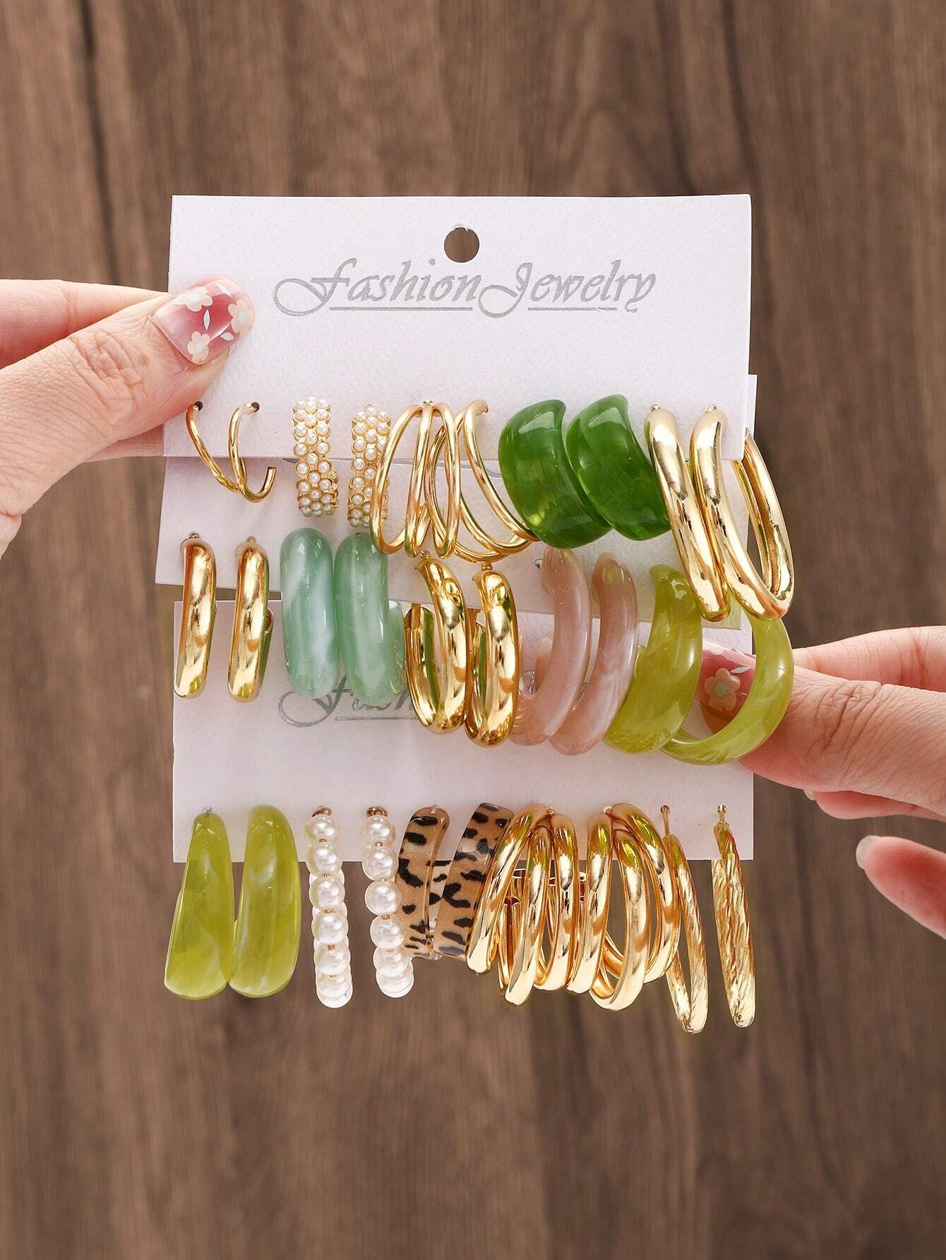 15Pairs/Set Fashionable Metal Imitation Faux Pearl & Acrylic Resin C-Shaped Decor Earrings Set, Suitable for Daily Wear