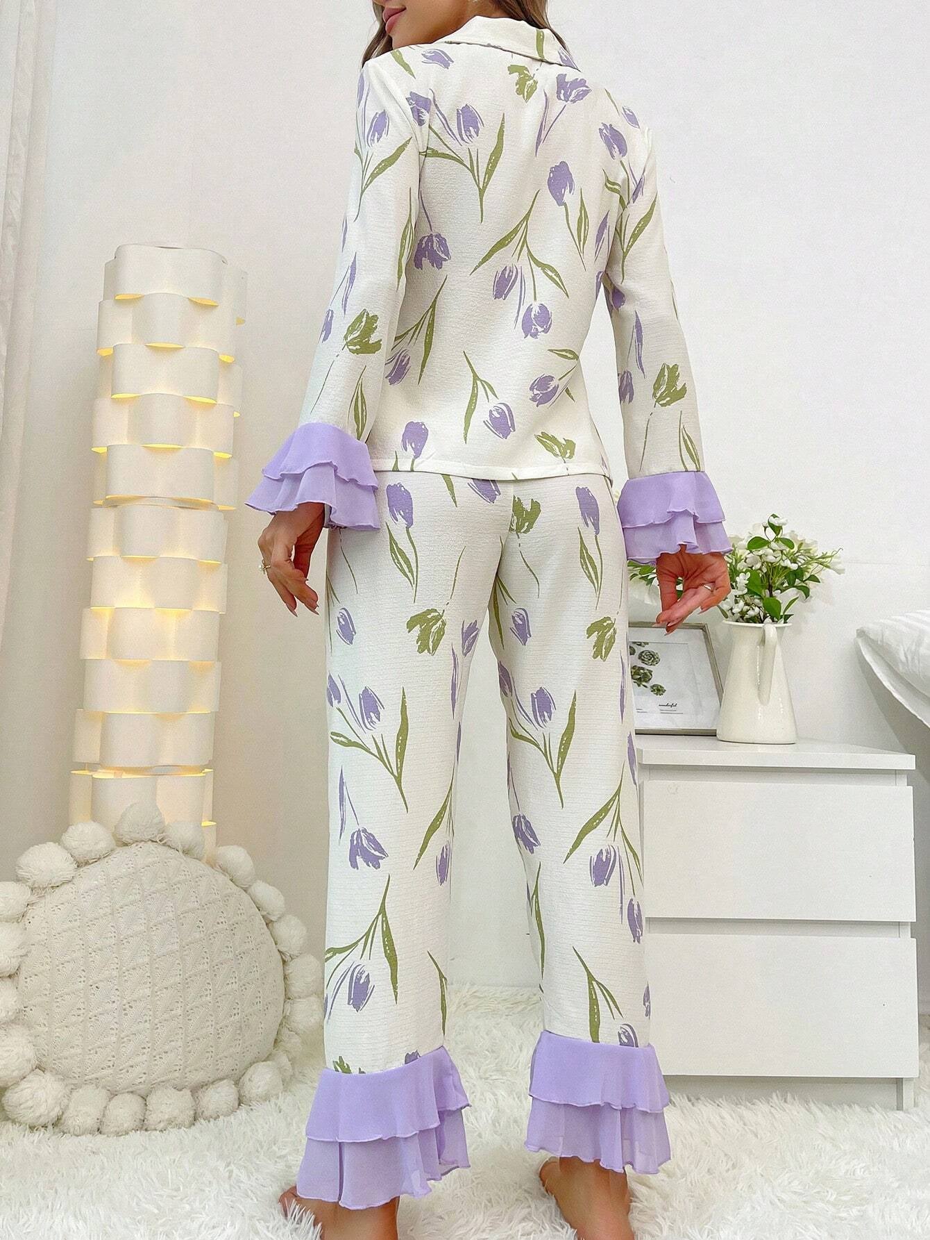 Double Layer Bell Sleeve Floral Print Loungewear Suit