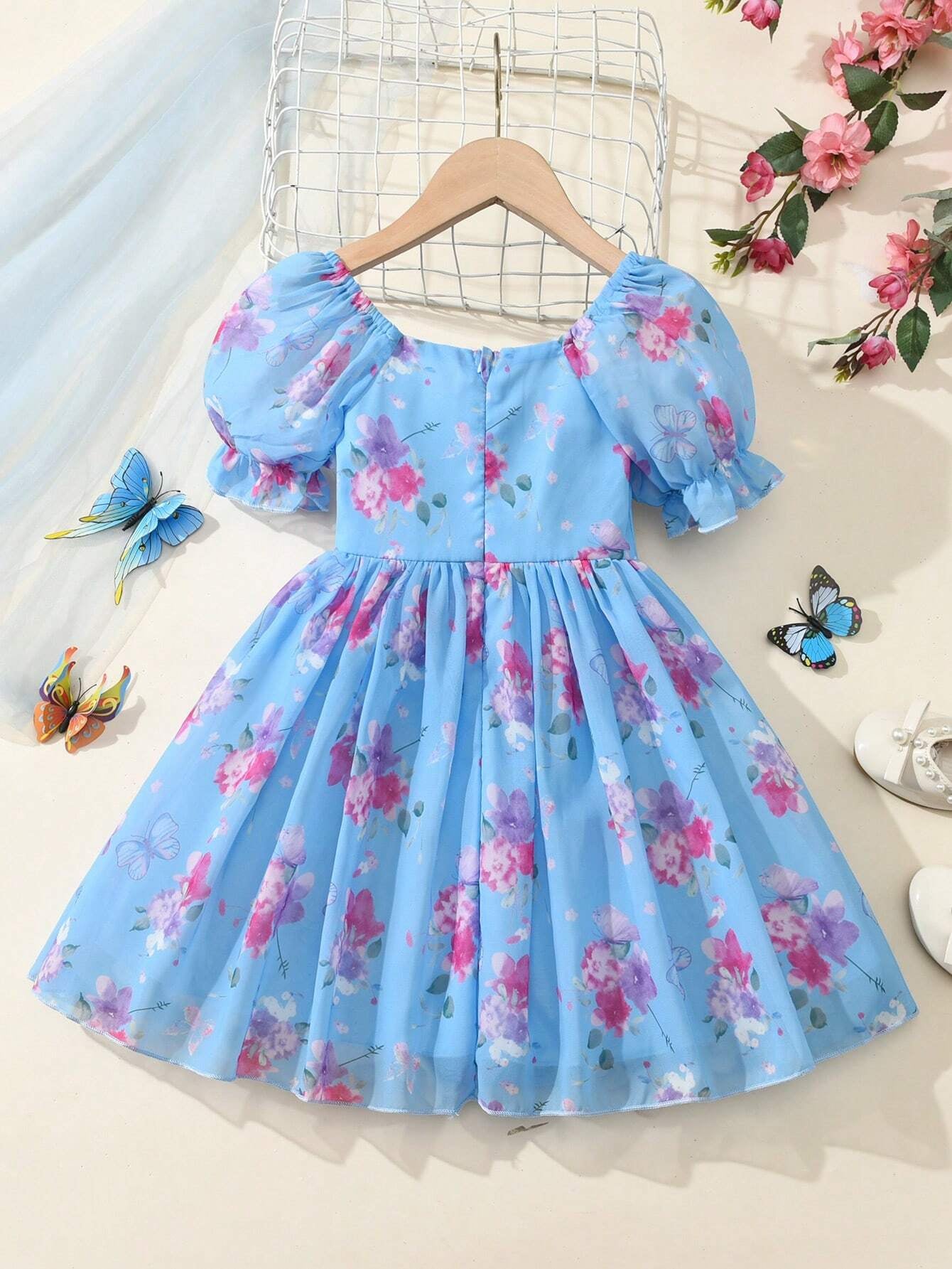 Young Girl'S Floral Printed Puff Sleeve Dress