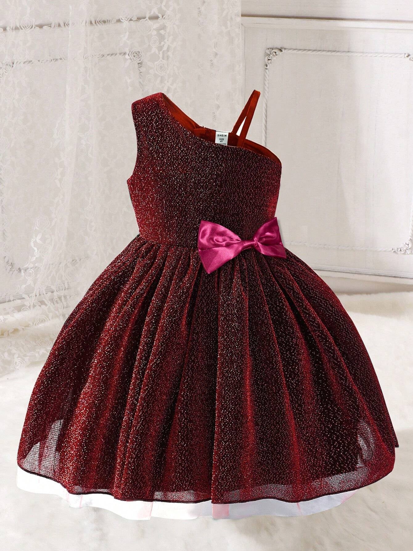 Young Girl Asymmetrical Collar Princess Style Tulle Dress with Ribbon Decor, Perfect for Parties