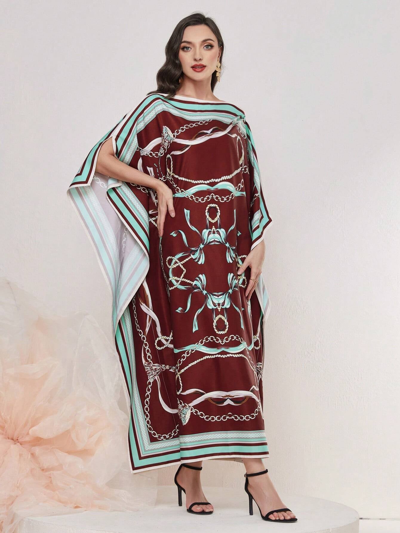 Najma Chain Print Bat-Wing Sleeve Kaftan