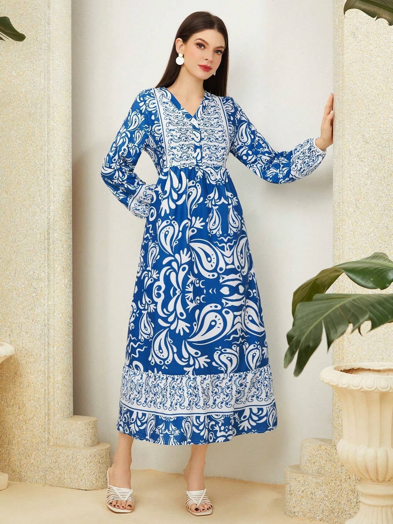 Najma Women'S Holiday Printed Lantern Sleeve Dress