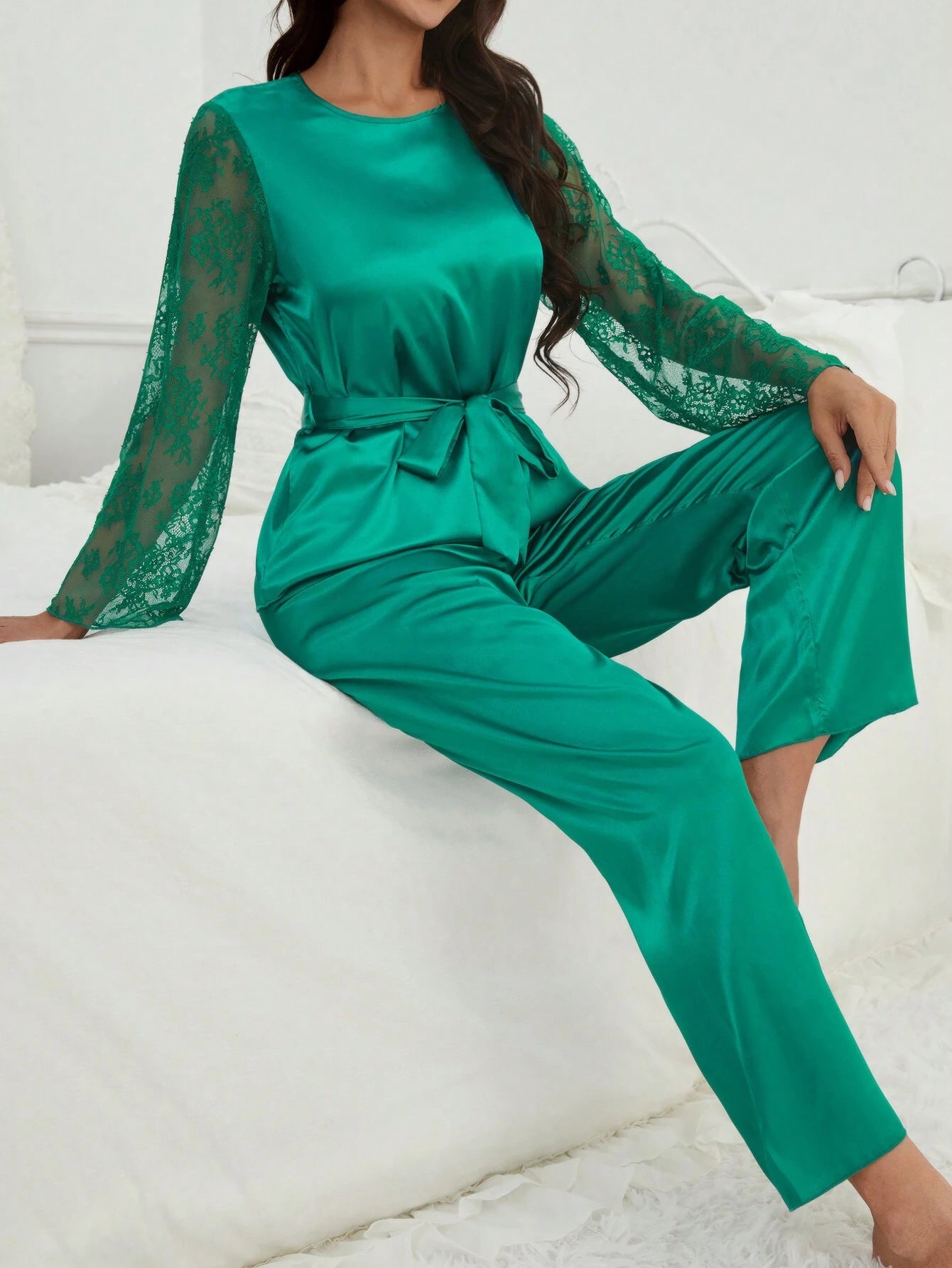 Solid Color Lace Patchwork Pajama Set
