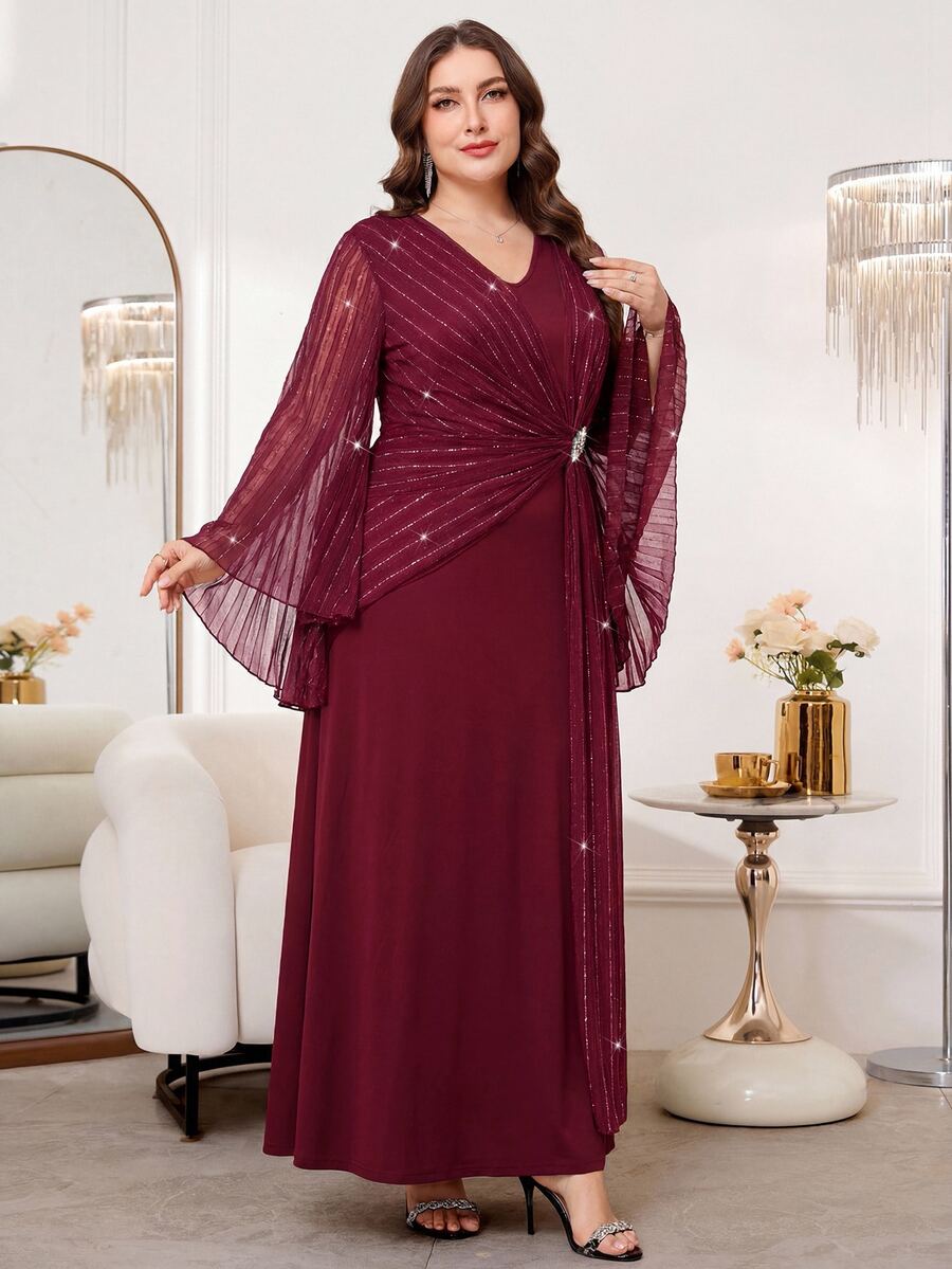 SHEIN Reflora فستان عنابي للمقاسات الكبيرة بأكمام جرس مزين بالراينستون