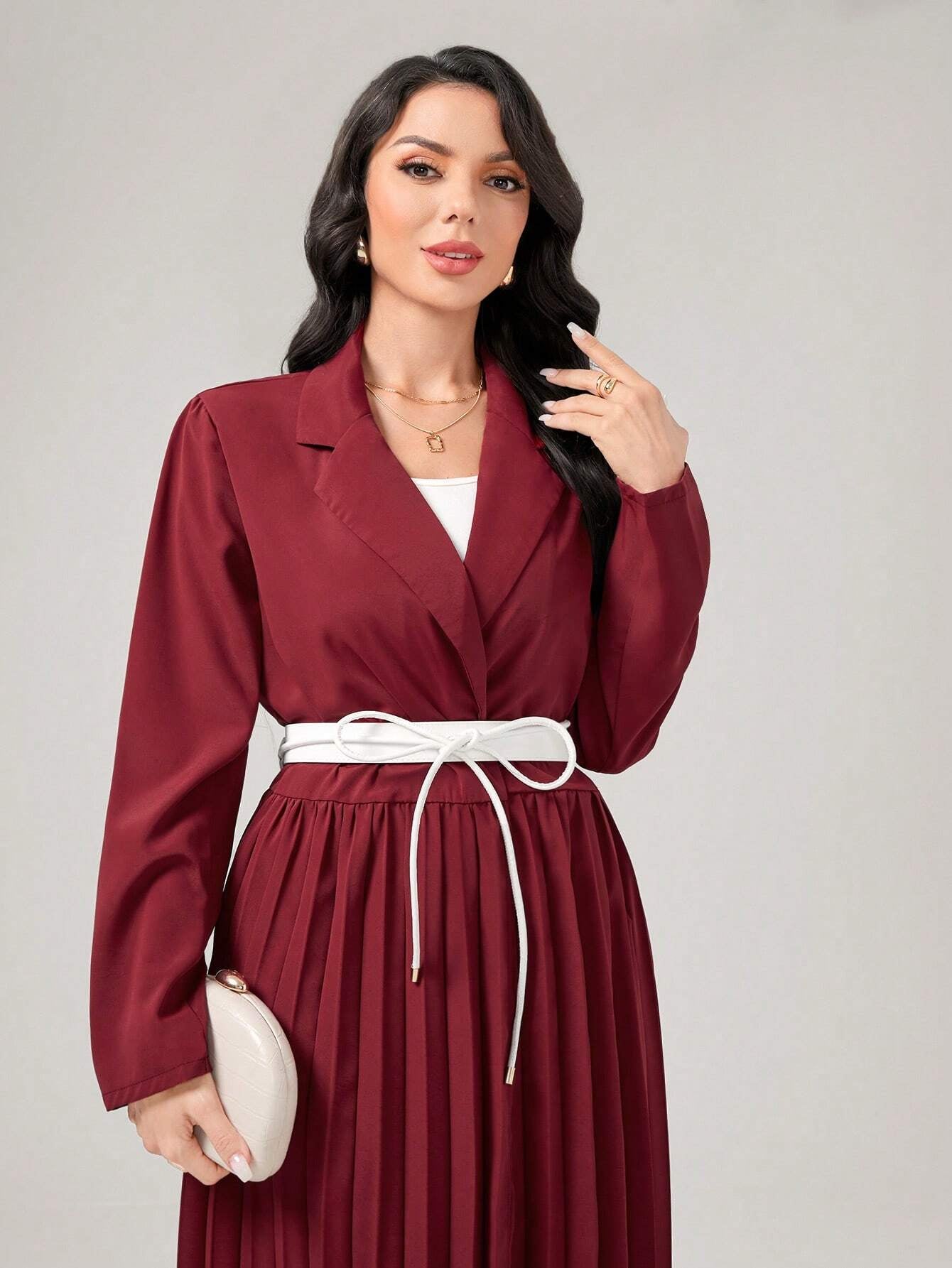 Najma Lapel Collar Pleated Abaya with Wide Leg Pants