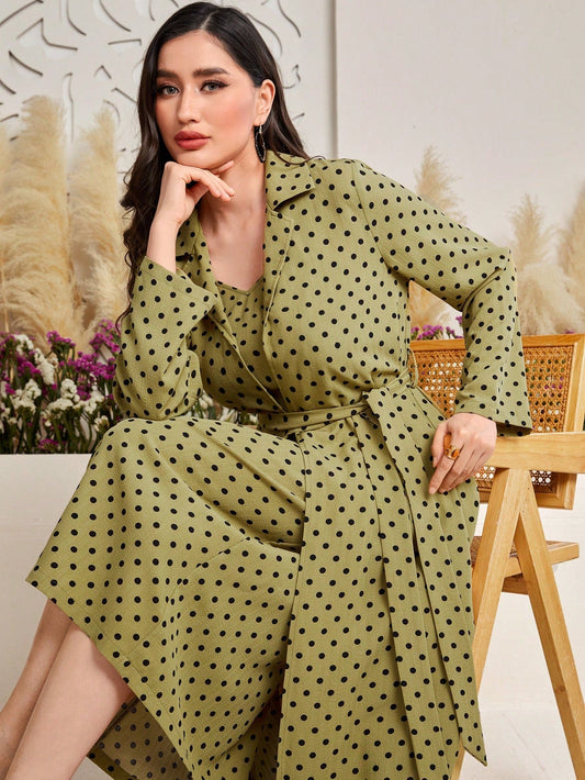 Mulvari Women'S Polka Dot Printed Long Sleeve Jacket and Cami Dress Suit