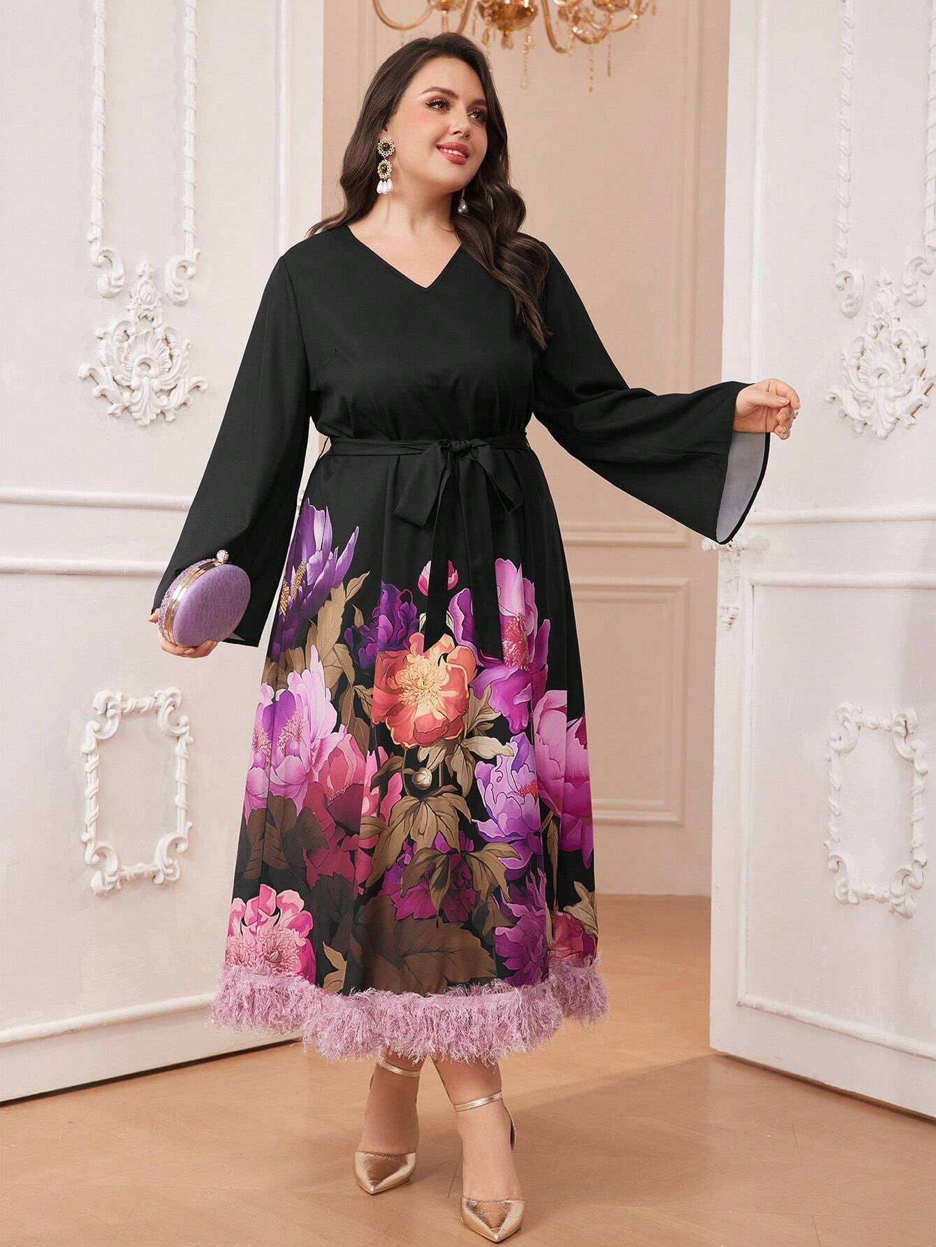 Modely plus Size Flower Print Contrast Plush Hem Belted Dress with Flared Sleeves and Ribbon Decoration
