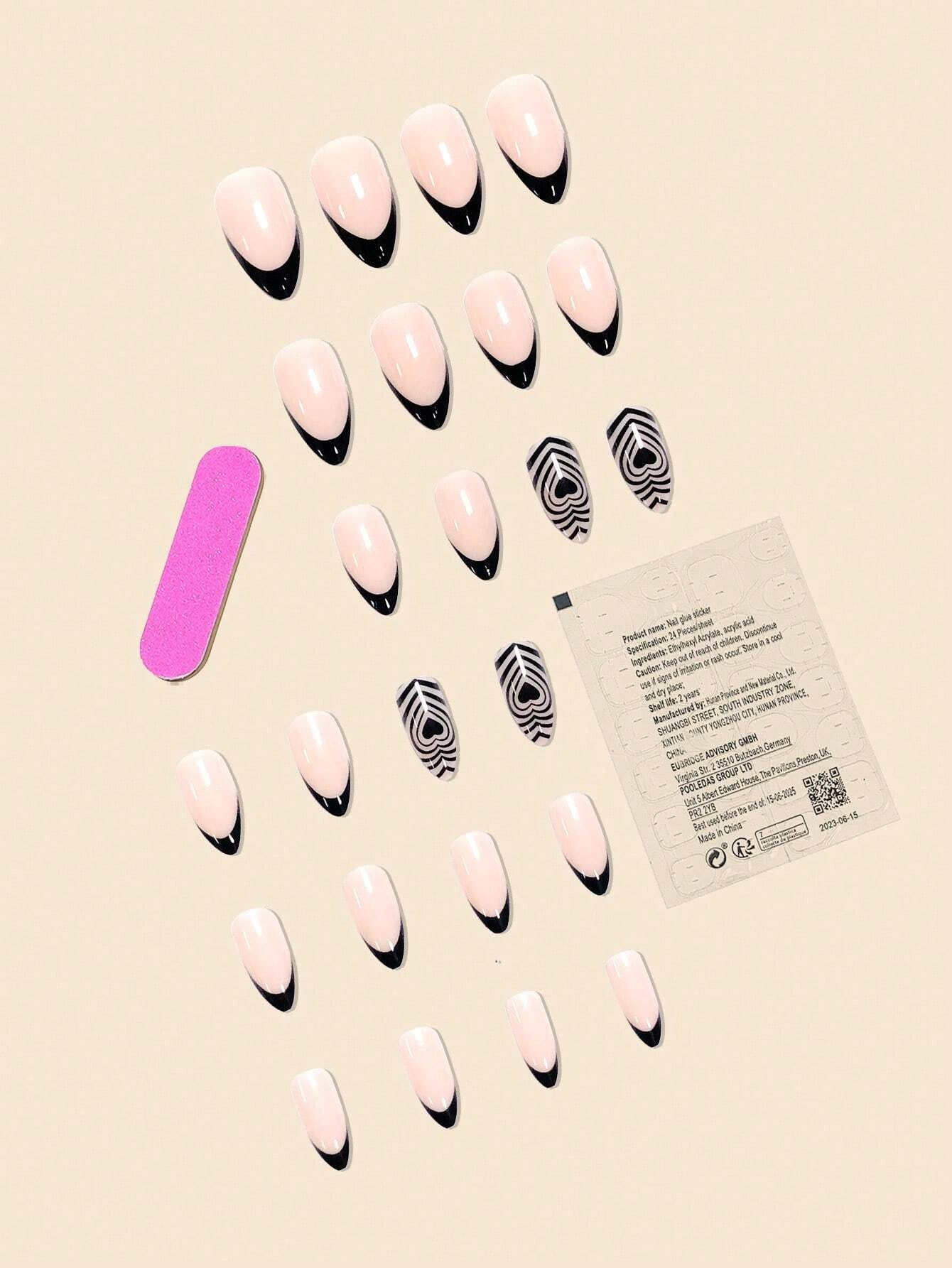 24Pcs False Nails in Waterdrop Shape, Black French Manicure with Small Flowers & Pointy Almond Shape +Jelly Glue + Nail File