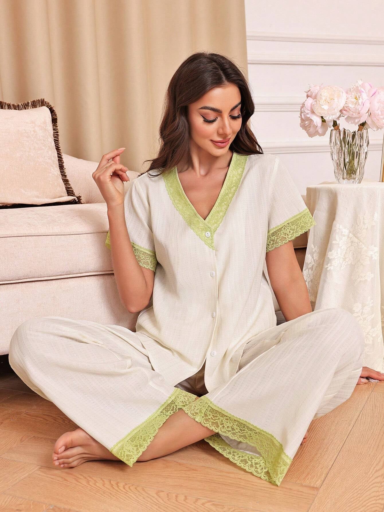Women'S Lace Contrast Short Sleeve Long Pants Pajama Set