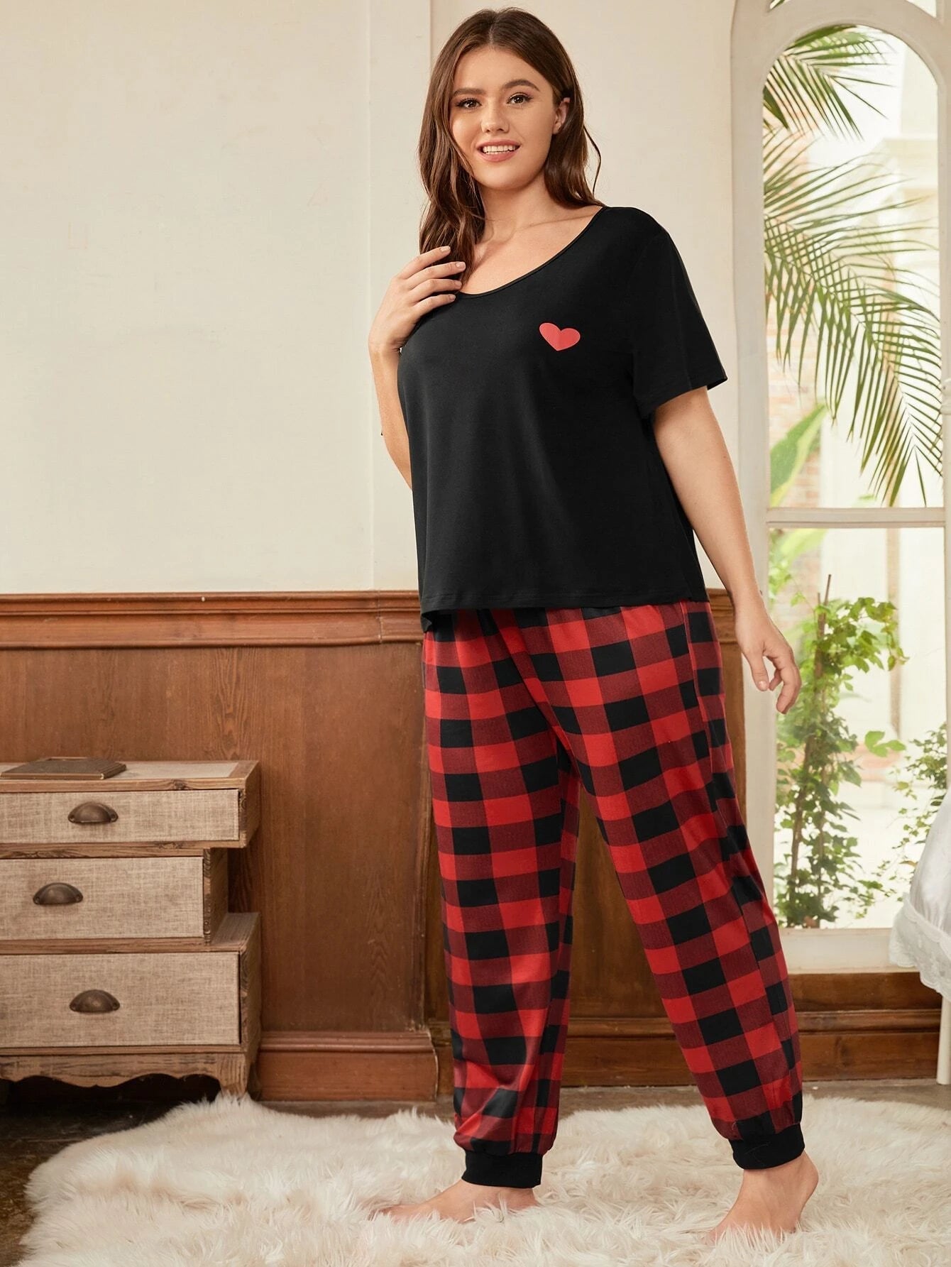 Plus Heart Print Tee & Buffalo Plaid Pants PJ Set