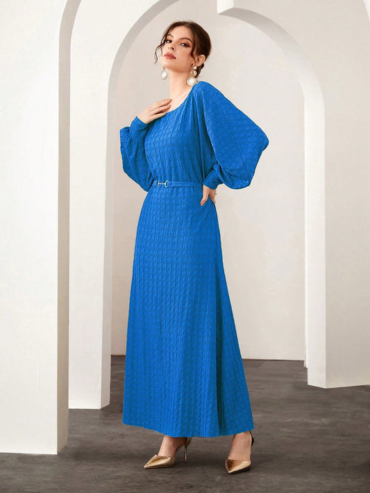 Modely Ladies' Textured Fabric Lantern Sleeve Arabic Style Dress with Waist Belt