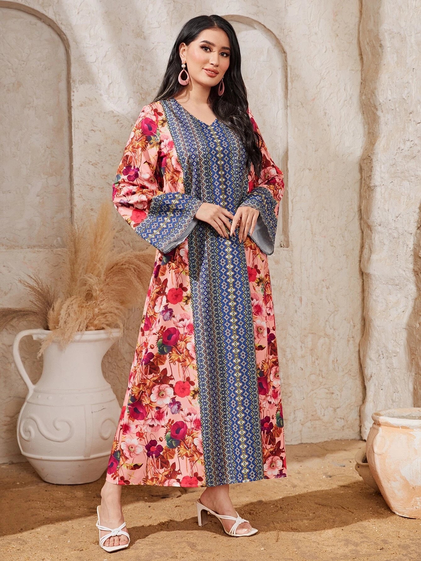Najma Floral Print V Neck Flounce Sleeve Dress