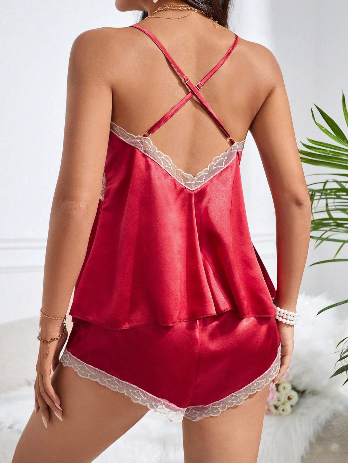 Plus Size Water-Soluble Lace Trim Spliced Satin Cami Top and Shorts Ladies Pajamas Set