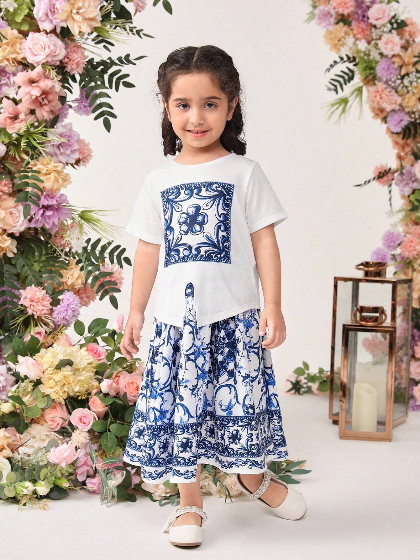 Tween Girls' Loose Fit Gorgeous Exclusive Flower Pattern round Neck Pullover T-Shirt and Skirt Two-Piece Set