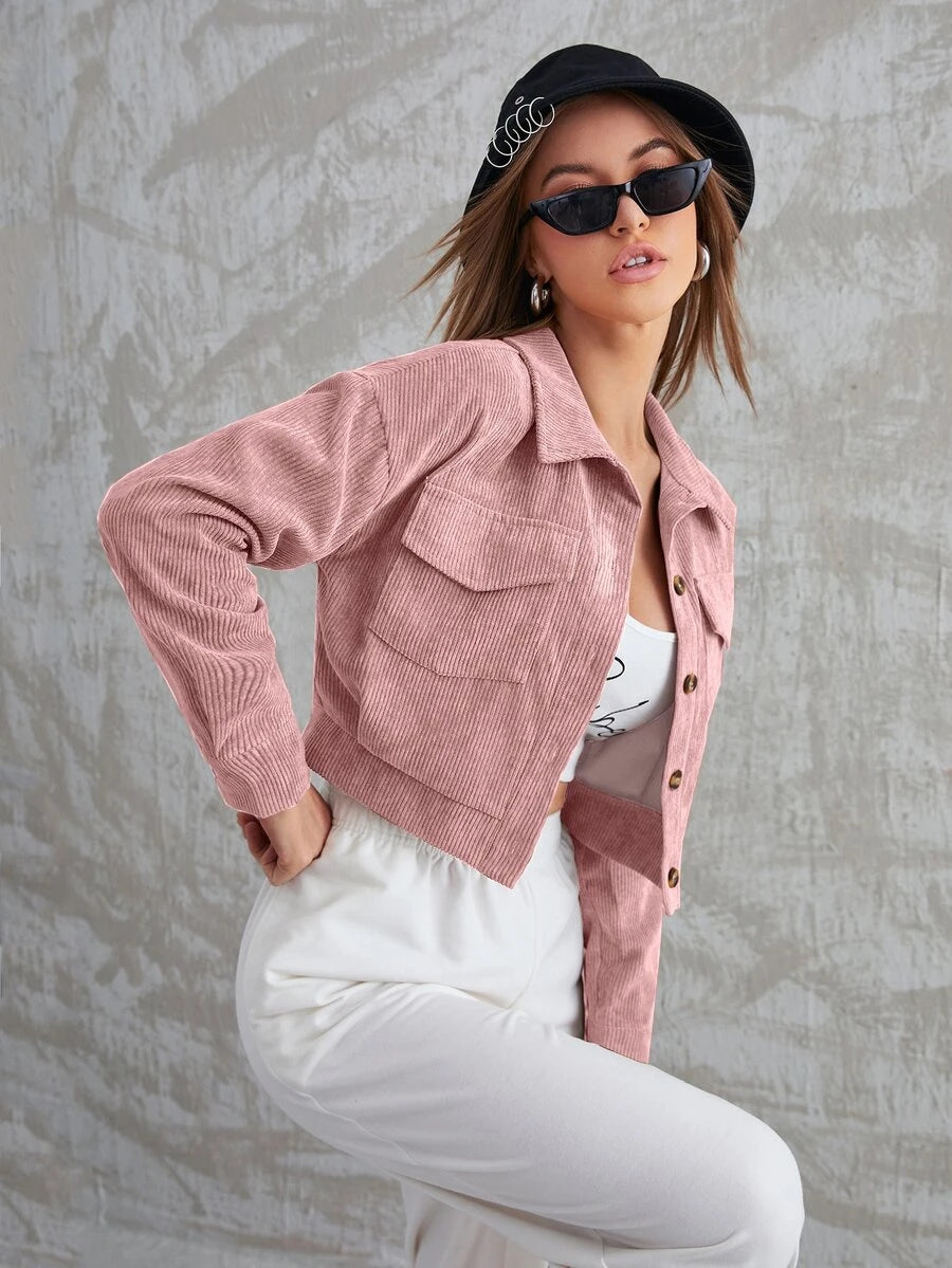 SHEIN Mulvari جاكيت كروب قطني بأزرار وجيوب رفرف