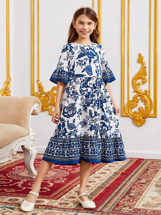 Tween Girl Floral Print Flounce Sleeve Ruffle Hem Dress