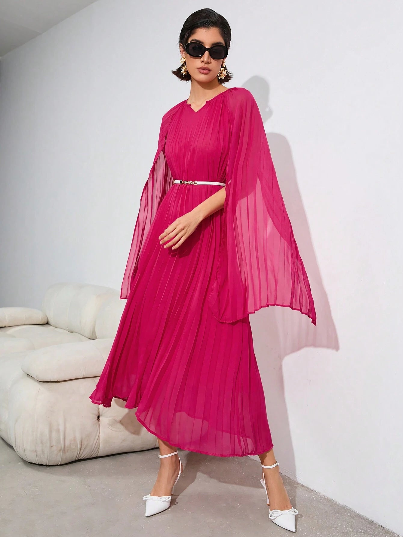 Privé Solid Color Cape Sleeve Pleated Dress