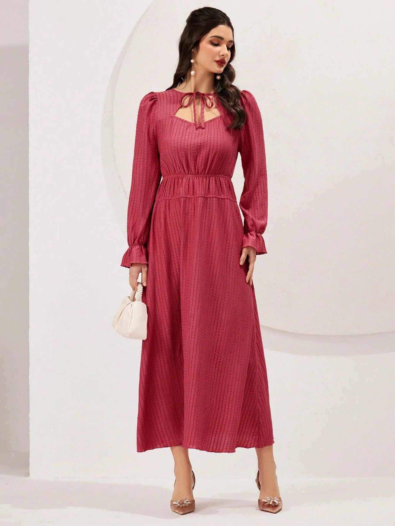 Mulvari Ladies' Solid Color Tie Neck Ruffled Sleeve Dress