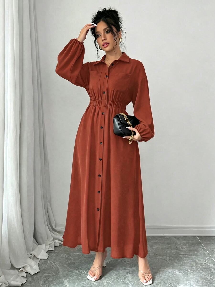 SHEIN Elenzga فستان طويل بأكمام طويلة وأزرار أمامية