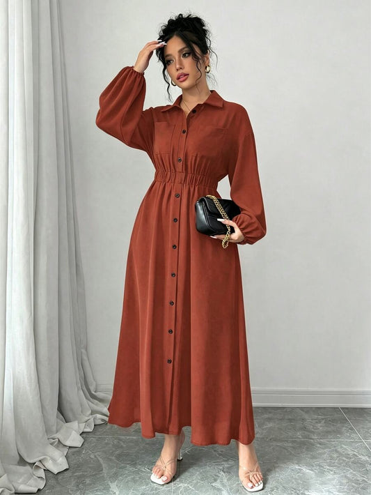 SHEIN Elenzga فستان طويل بأكمام طويلة وأزرار أمامية