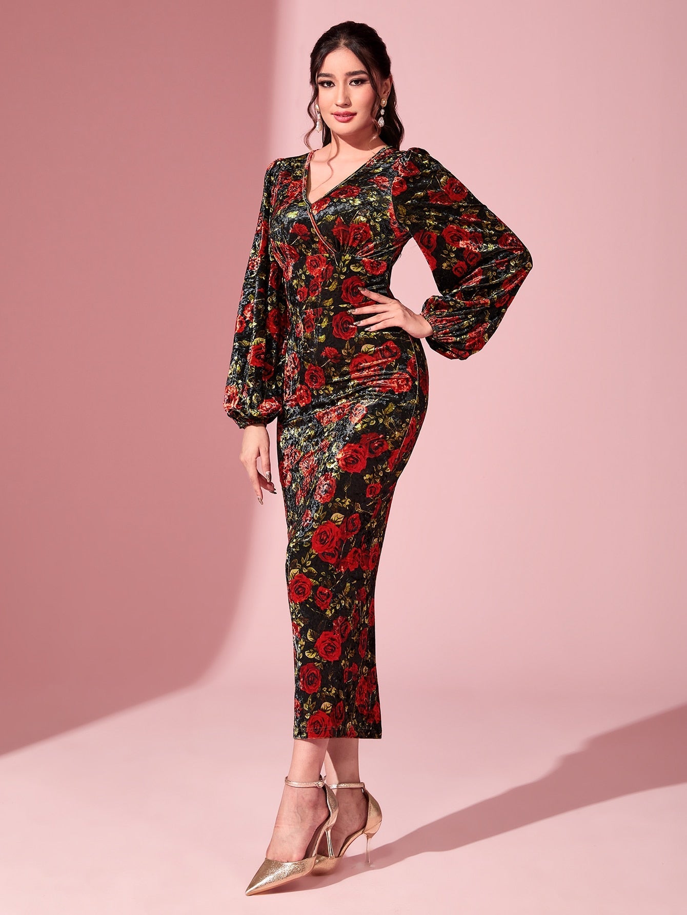 Modely Floral Print Lantern Sleeve Split Back Velvet Dress