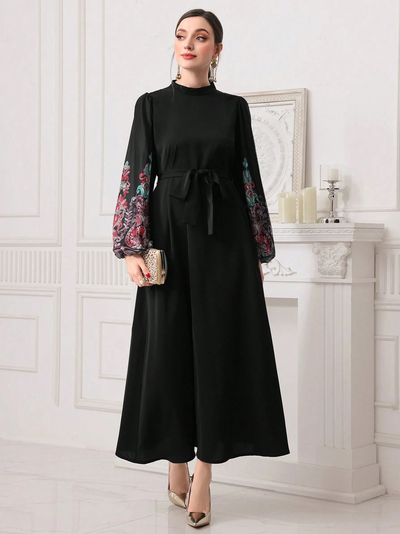 Najma Women'S Floral Printed Lantern Sleeve Dress with Belt