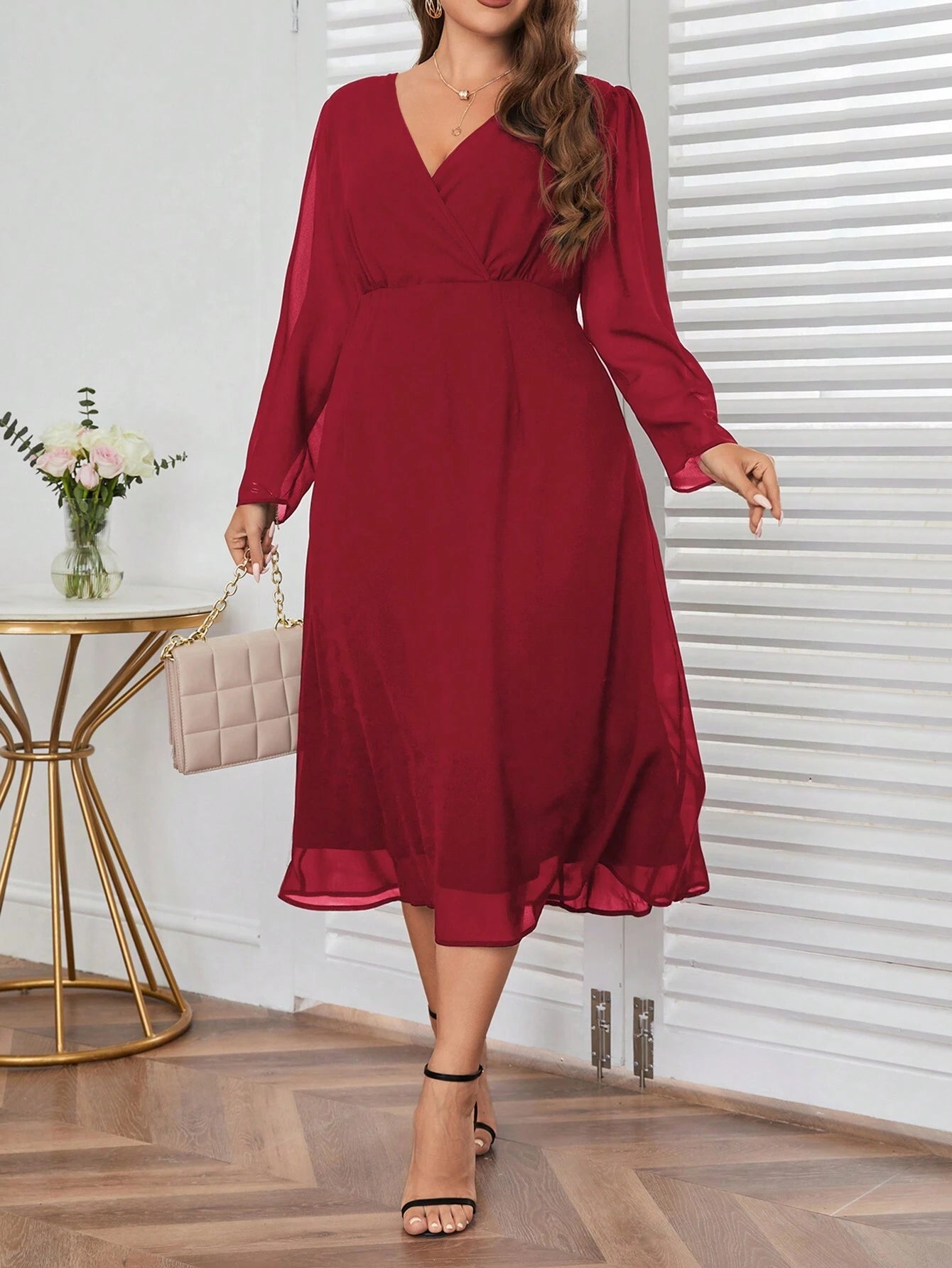 Privé plus Size Wrap Neck Long Sleeve Dress