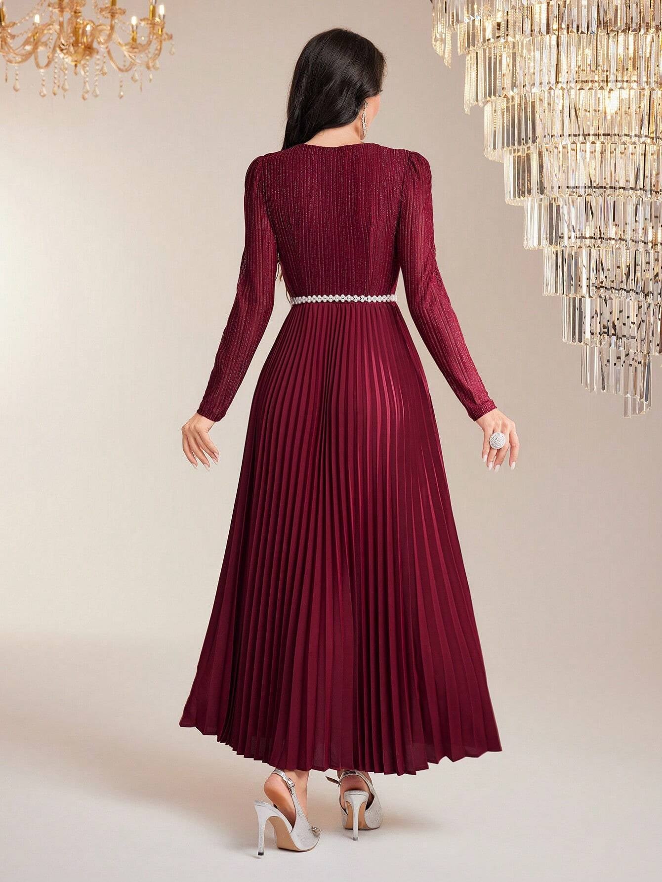 Modely Surplice Neck Pleated Hem Dress with Belt