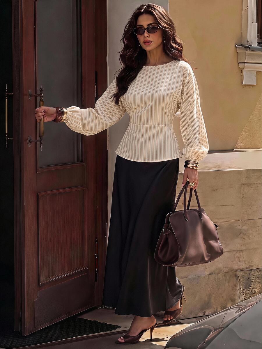 SHEIN Firerie بلوزة نسائية مخططة بياقة دائرية وأكمام جناح الخفاش