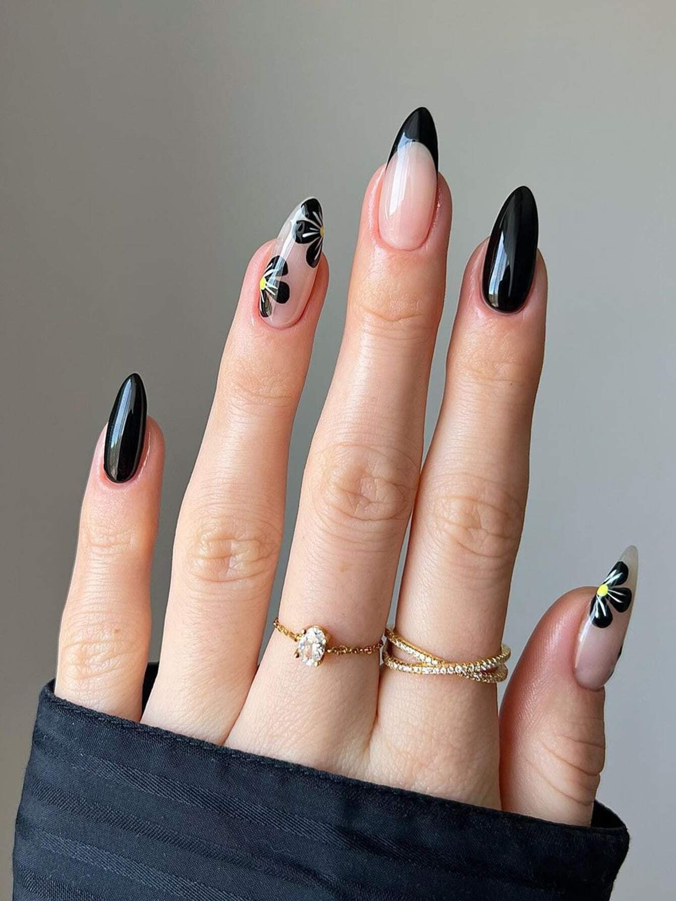 24Pcs False Nails in Waterdrop Shape, Black French Manicure with Small Flowers & Pointy Almond Shape +Jelly Glue + Nail File