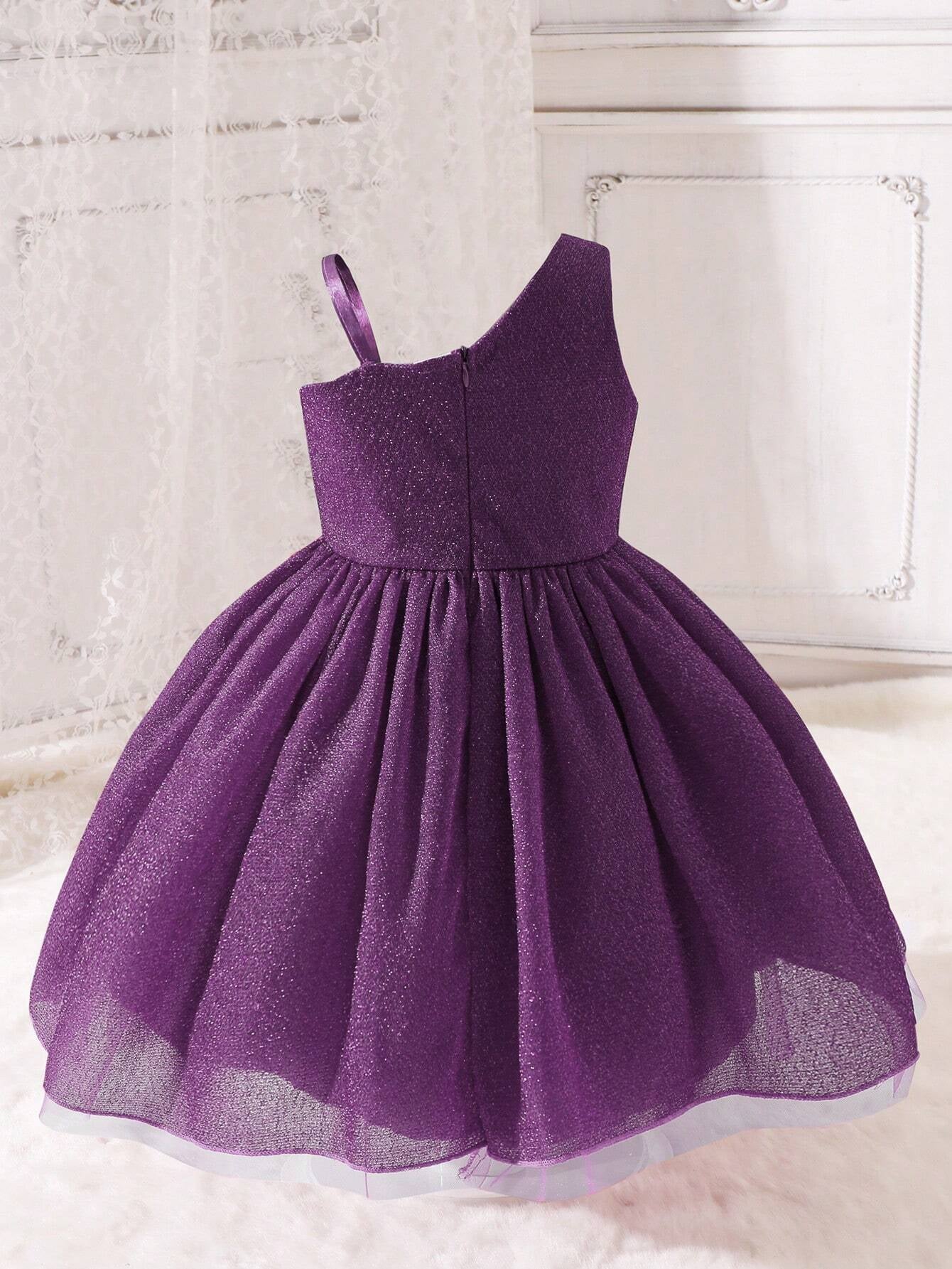 Young Girl Asymmetrical Collar Princess Style Tulle Dress with Ribbon Decor, Perfect for Parties