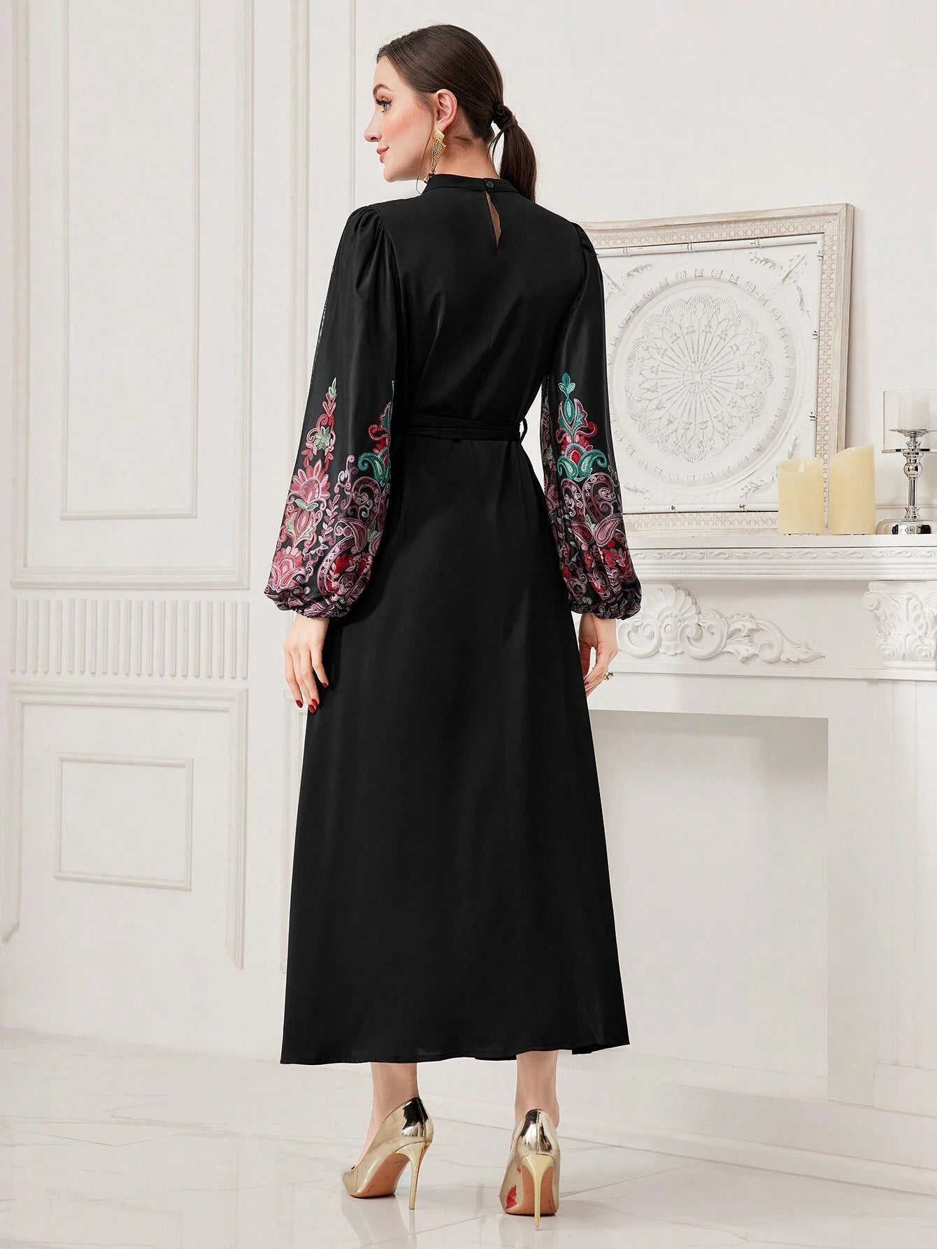 Najma Women'S Floral Printed Lantern Sleeve Dress with Belt