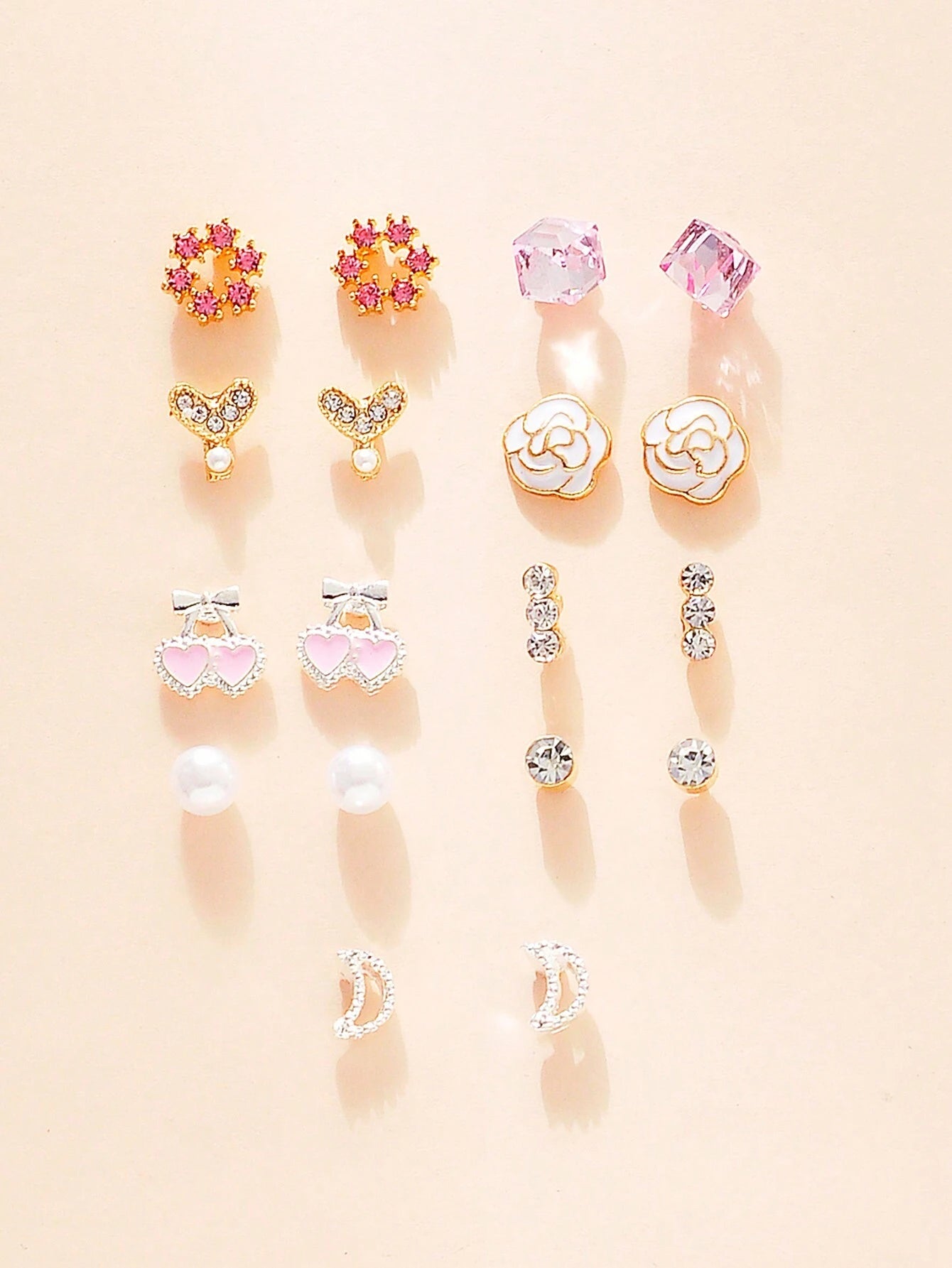 9Pairs/Set Rhinestone & Flower Decor Stud Earrings