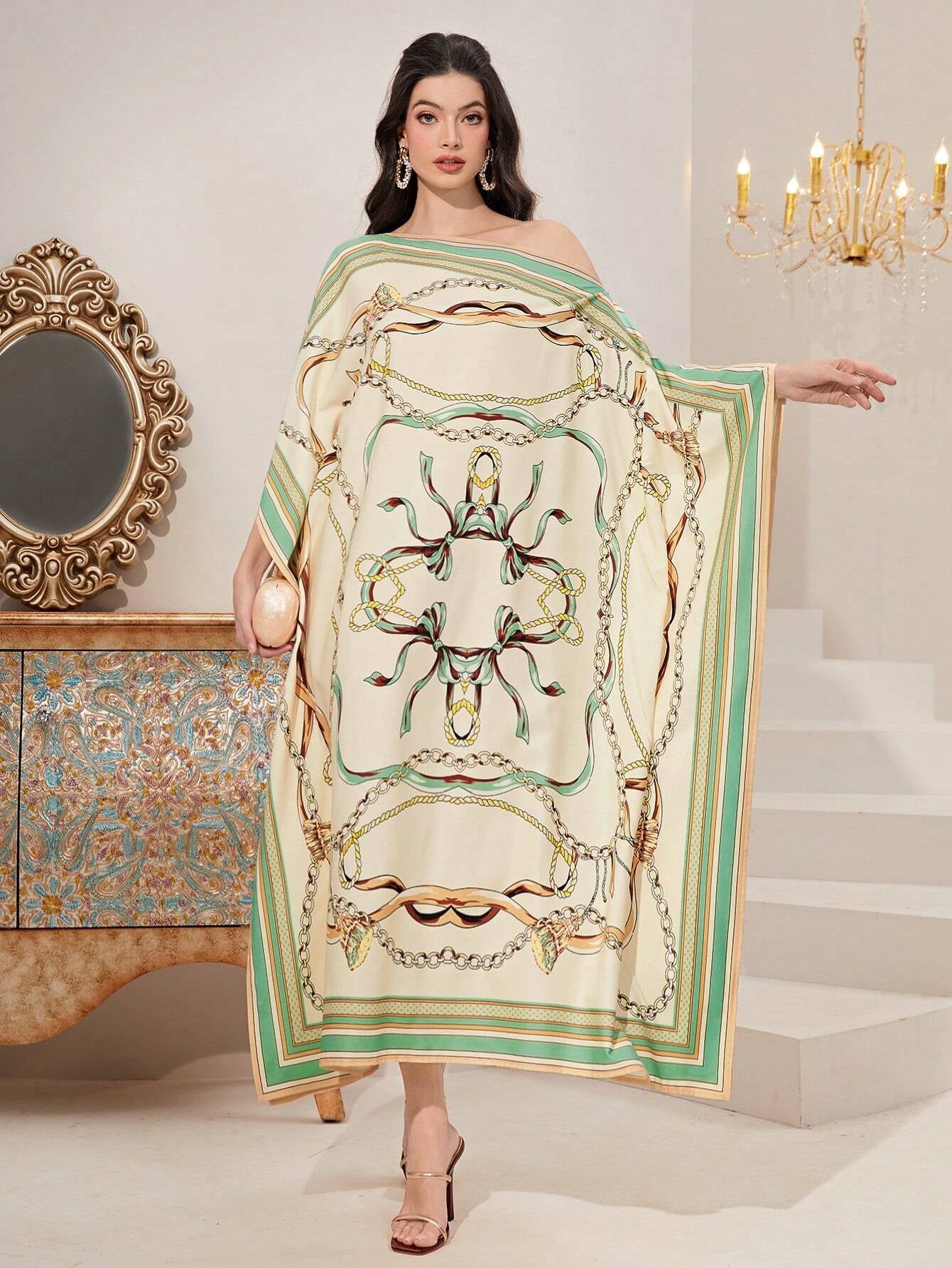 Najma Chain Print Bat-Wing Sleeve Kaftan