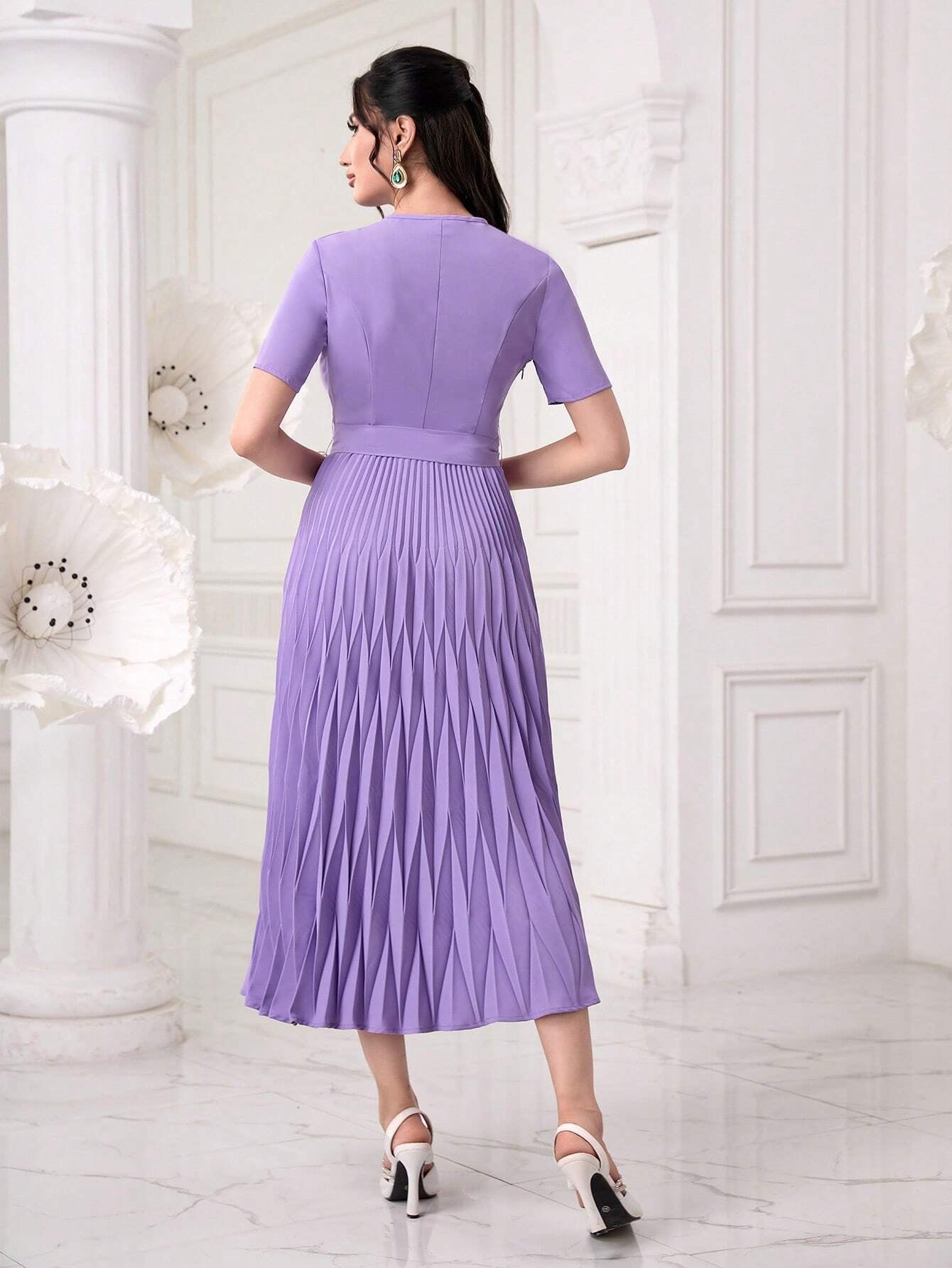 Modely Pearls Beaded Detail Belted Pleated Hem Dress