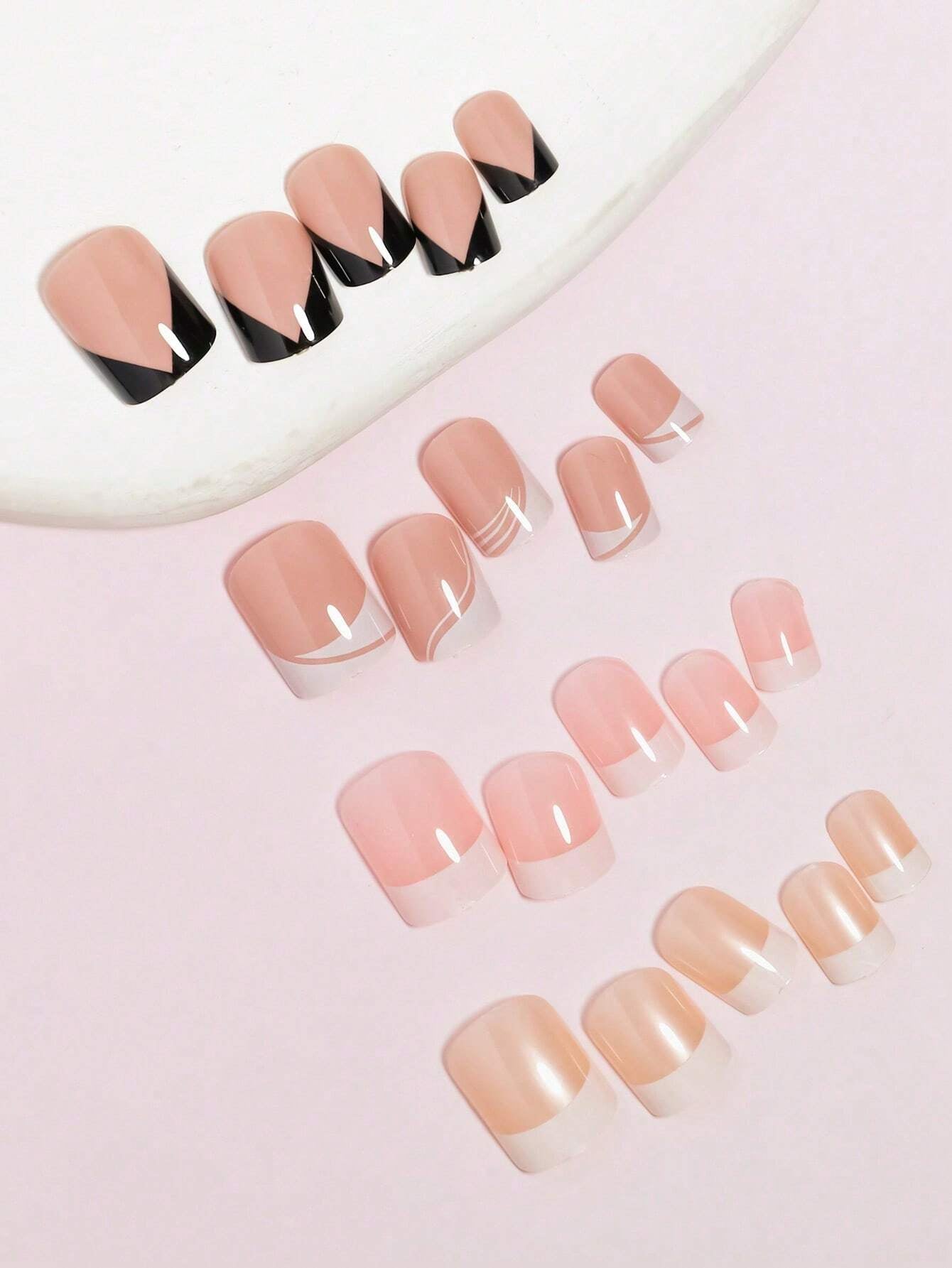 96Pcs(4Colors) Short Square Press on Nails Acrylic Short Fake Nails Full Cover Black and White French Designs Shiny Glue on Nails False Nail as Gift for Women and Girls with Storage Box
