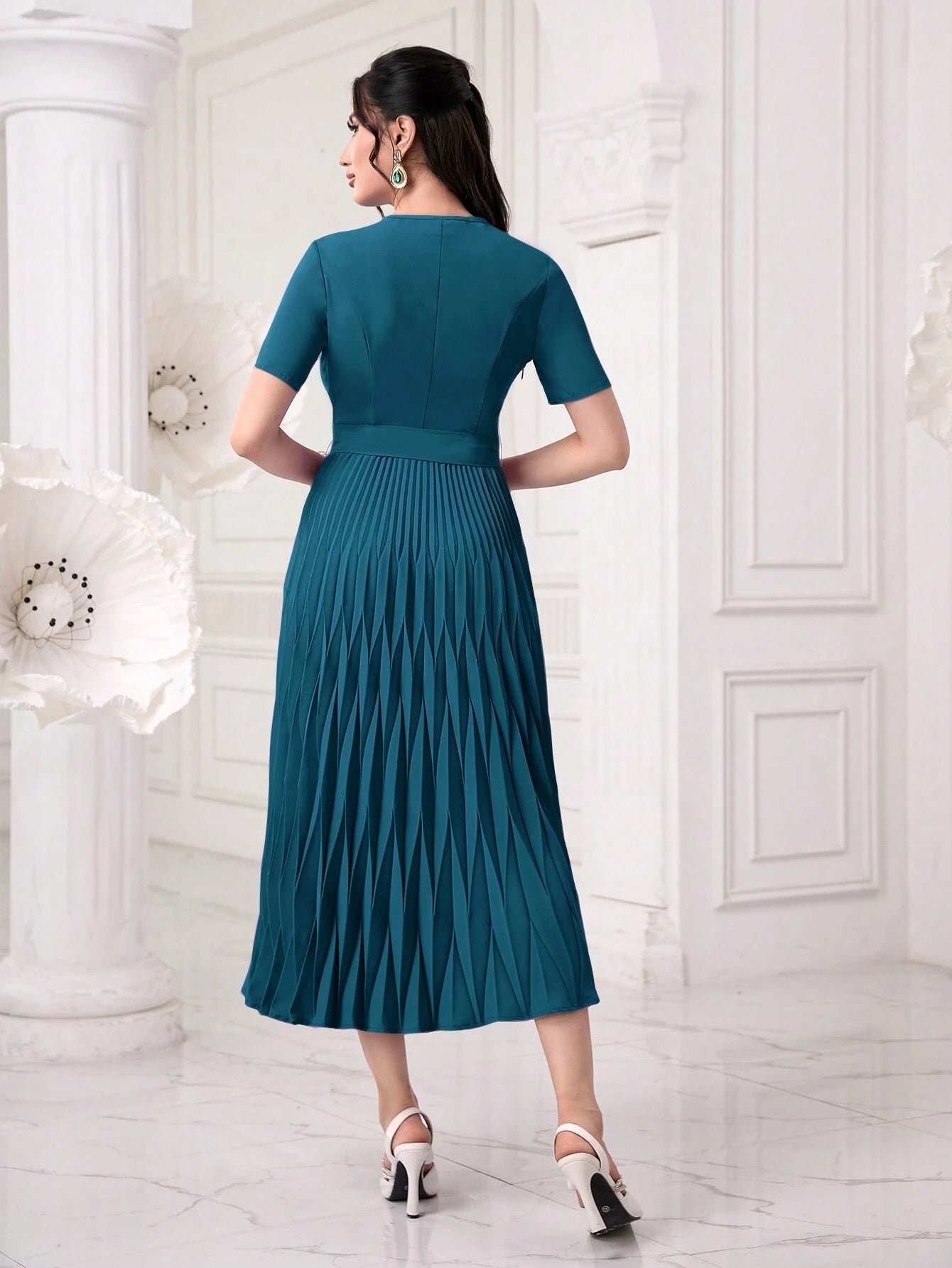 Modely Pearls Beaded Detail Belted Pleated Hem Dress