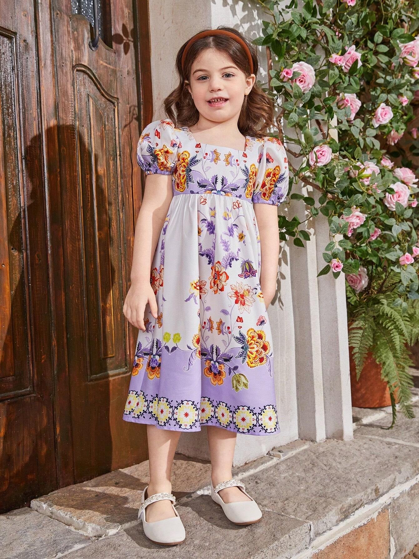 Young Girls' Square Neck Puff Sleeve Floral Dress, Mommy and Me Matching Outfits (2 Pieces Sold Separately)